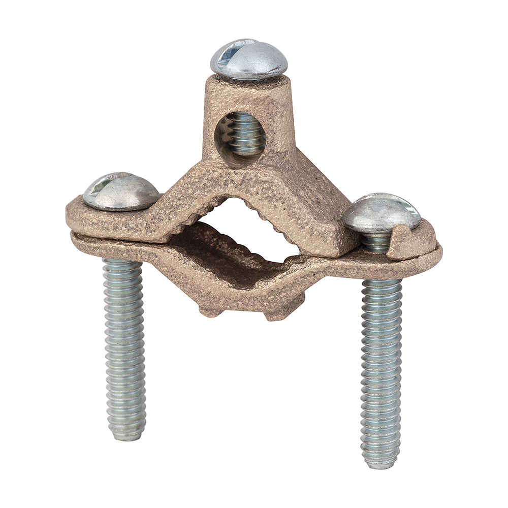 MADISON, GROUND CLAMP, CONNECTION: SCREW CLAMP, BRONZE CLAMP AND SCREW, CONDUCTOR RANGE (MAIN/PRIMARY): 10 AWG SOLID - 2 AWG STRANDS, TRADE SIZE: 1/2 TO 1 IN, SHELF QUANTITY: 25, MASTER QUANTITY: 125, UL LISTED, MEETS UL467, CONNECTS BARE COPPER WI