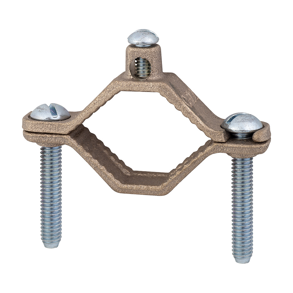 MADISON, GROUND CLAMP, CONNECTION: SCREW CLAMP, BRONZE CLAMP AND STEEL SCREW, CONDUCTOR RANGE (MAIN/PRIMARY): 10 AWG SOLID - 2 AWG STRANDS, TRADE SIZE: 1-1/4 TO 2 IN, SHELF QUANTITY: 5, MASTER QUANTITY: 50, UL LISTED, MEETS UL467, CONNECTS BARE CO