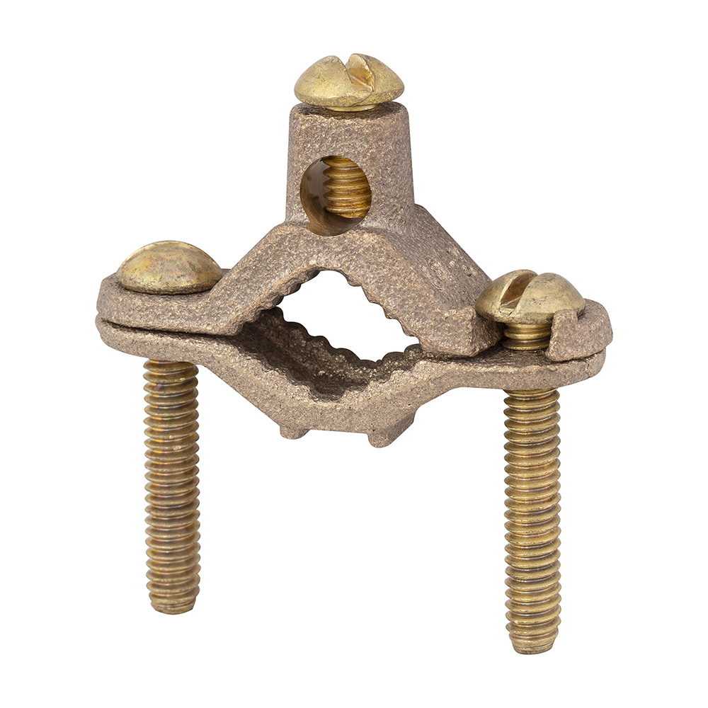 MADISON, 1/2 GF BRNZ/BRASS SCREW PIPE GROUND CLAMP FOR GROUNDING COPPER AWG #2-#8 TO METAL WATER PIPE FOR GROUNDING TO STEEL WATER PIPE OR GROUND ROD MEETS UL467 BRONZE CLAMP, BRASS SCREWS BARE COPPER GROUND WIRE = #10 SOL. - #2 STR.