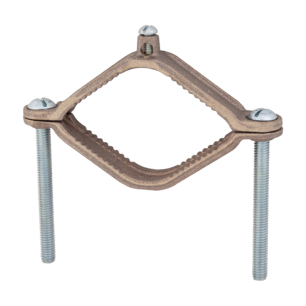 MADISON, GROUND CLAMP, CONNECTION: SCREW CLAMP, BRONZE CLAMP AND STEEL SCREW, CONDUCTOR RANGE (MAIN/PRIMARY): 10 AWG SOLID - 2 AWG STRANDS, TRADE SIZE: 2-1/2 TO 4 IN, MASTER QUANTITY: 5, UL LISTED, MEETS UL467, CONNECTS BARE COPPER WIRE TO WATER PIPE