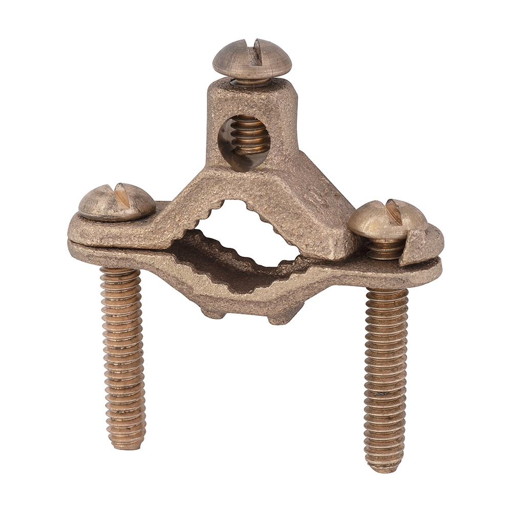 MADISON, 1/2 DIR BUR GRD CLAMP PIPE GROUND CLAMP FOR GROUNDING COPPER AWG #2-#10 TO METAL WATER PIPE, FOR GROUNDING TO STEEL WATER PIPE OR GROUND ROD SUITABLE FOR DIRECT BURIAL, MEETS UL467 BRONZE CLAMP, BRONZE SCREWS BARE COPPER GROUND WIRE #10 SOL. - #2 STR.