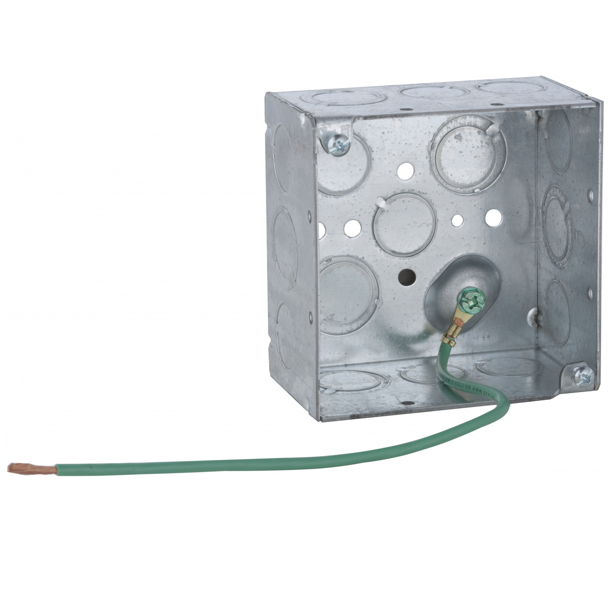 4 In. Square Boxes, 2-1/8 In. Deep - Welded with Conduit KO's, 600V,Raised Ground, 10 In. #12 Stranded Copper Pigtail