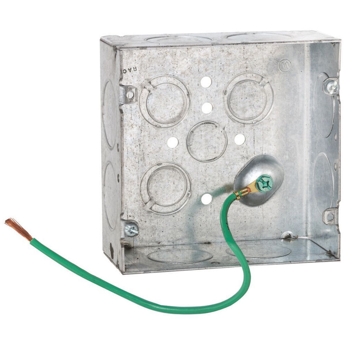 4-11/16 In. Square Boxes, 2-1/8 In. Deep - Welded with Conduit KO's,600V, Raised Ground, 10 In. #12 Stranded Copper Pigtail 1/2-1 TKO