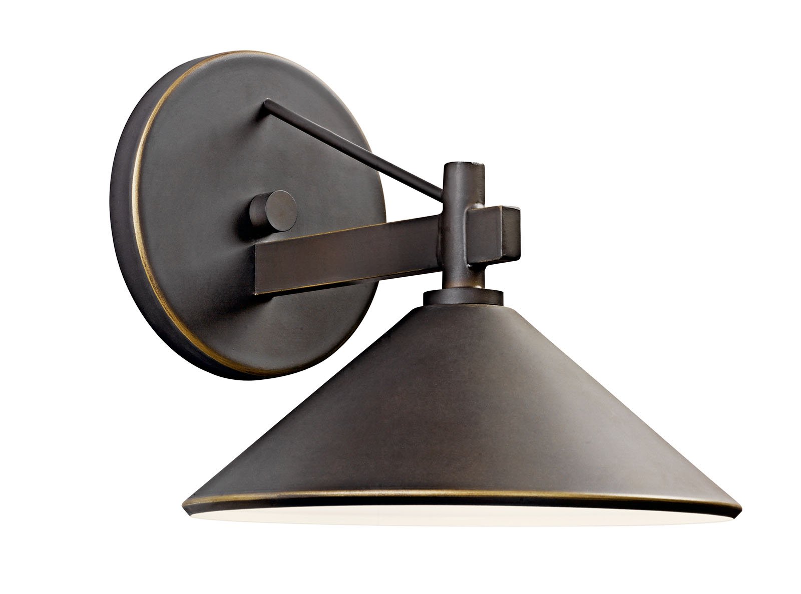 Bringing clean lines to a rustic look, the Ripley collection of outdoor lighting features an Olde Bronze finish that warms the smooth cone shape of this 1 light outdoor sconce. 8 inch width. Height 7.5 inches. Extension 9.5 inches. Rises 2.75 inches above the center of the wall opening. Uses 1 - 40W max (type R) or 1 - 60W (G type) bulb. UL listed for wet locations.  Dark sky compliant with use of R14 40W bulb.