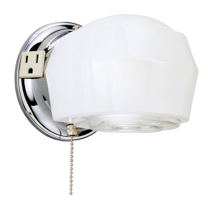 1 Light Wall with Ground Convenience Outlet and Pull Chain Chrome Finish Base with White and Crystal Glass