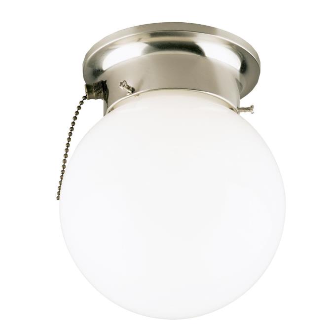 1 Light Flush with Pull Chain Brushed Nickel Finish with White Glass Globe