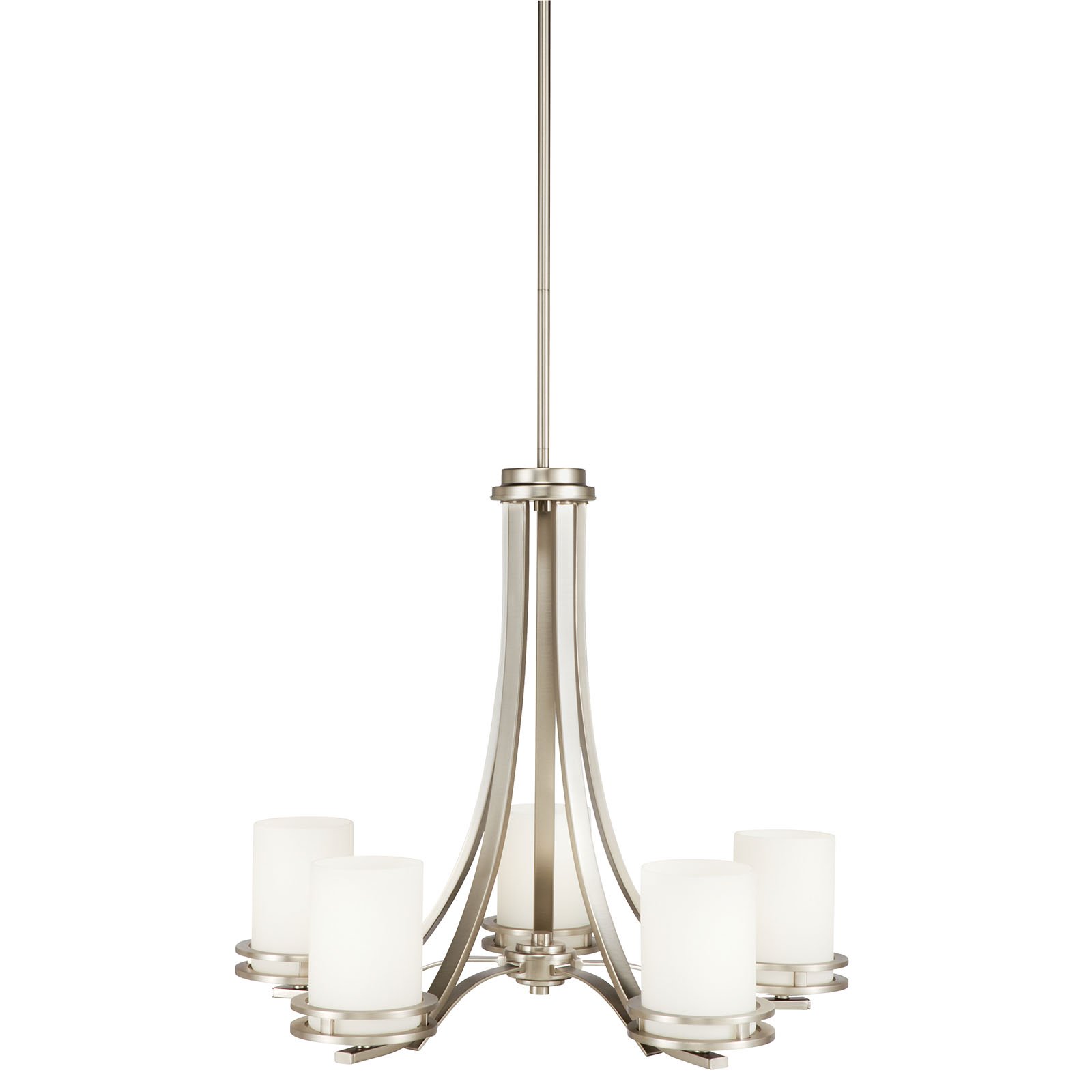 The Hendrik(TM) 21.5in. 5 light chandelier features a classic look with its Brushed Nickel finish and satin etched cased opal glass. Inspired by Hendrik Berlage, the Hendrik Chandelier works in several aesthetic environments, including traditional and modern.
