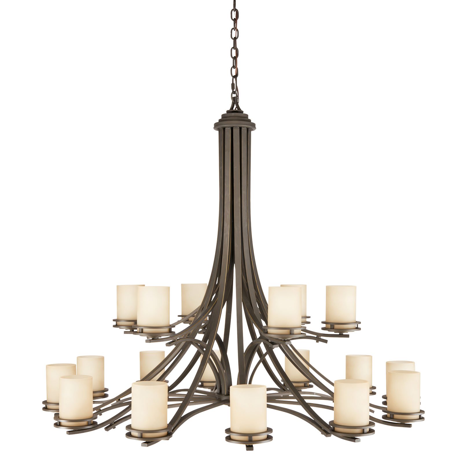 The Hendrik(TM) 41.5in. 18 light, 2 tier Chandelier features a classic look with its Olde Bronze(R) finish and light umber etched glass. Inspired by Hendrik Berlage, the Hendrik Chandelier works in several aesthetic environments, including traditional and modern.
