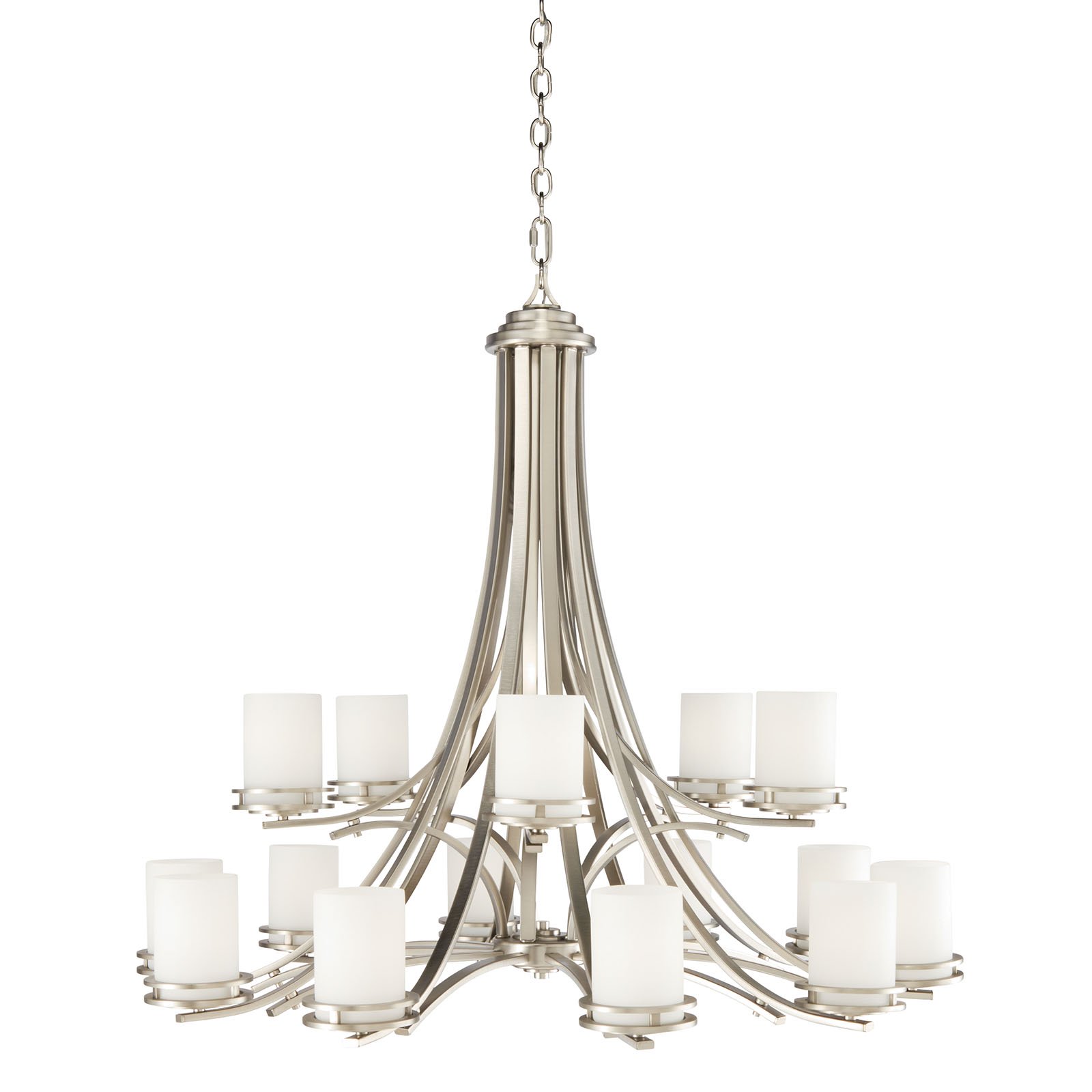 The Hendrik(TM) 36in. 15 light chandelier features a classic look with its Satin Nickel finish and satin etched cased opal glass. Inspired by Hendrik Berlage, the Hendrik Chandelier works in several aesthetic environments, including traditional and modern.