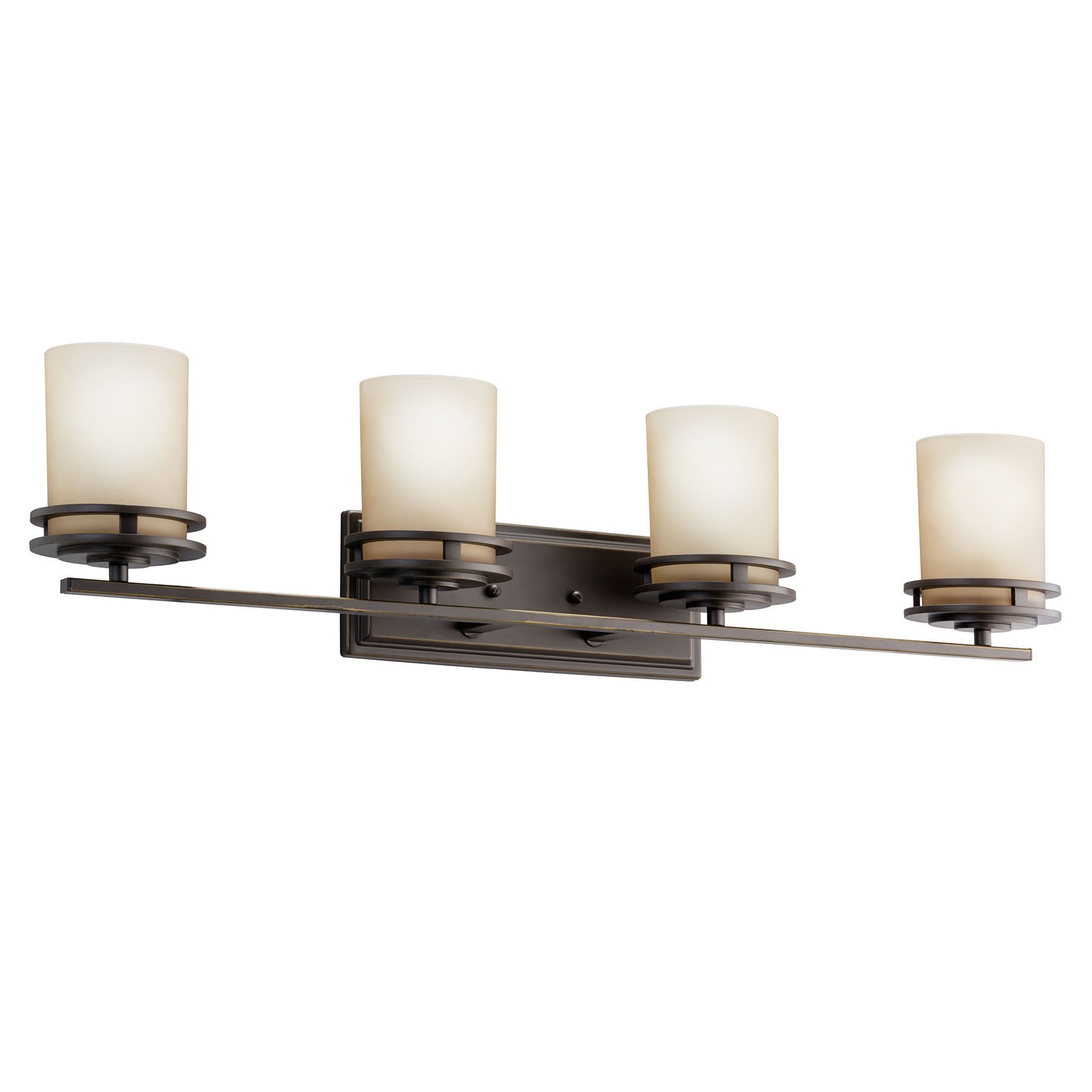 The Hendrik(TM) 33.75in. 4 light vanity light features a classic look with its Olde Bronze(R) finish and light umber etched glass. Inspired by Hendrik Berlage, the Hendrik vanity light works perfect in a bathroom or powder room that has a traditional and modern look.