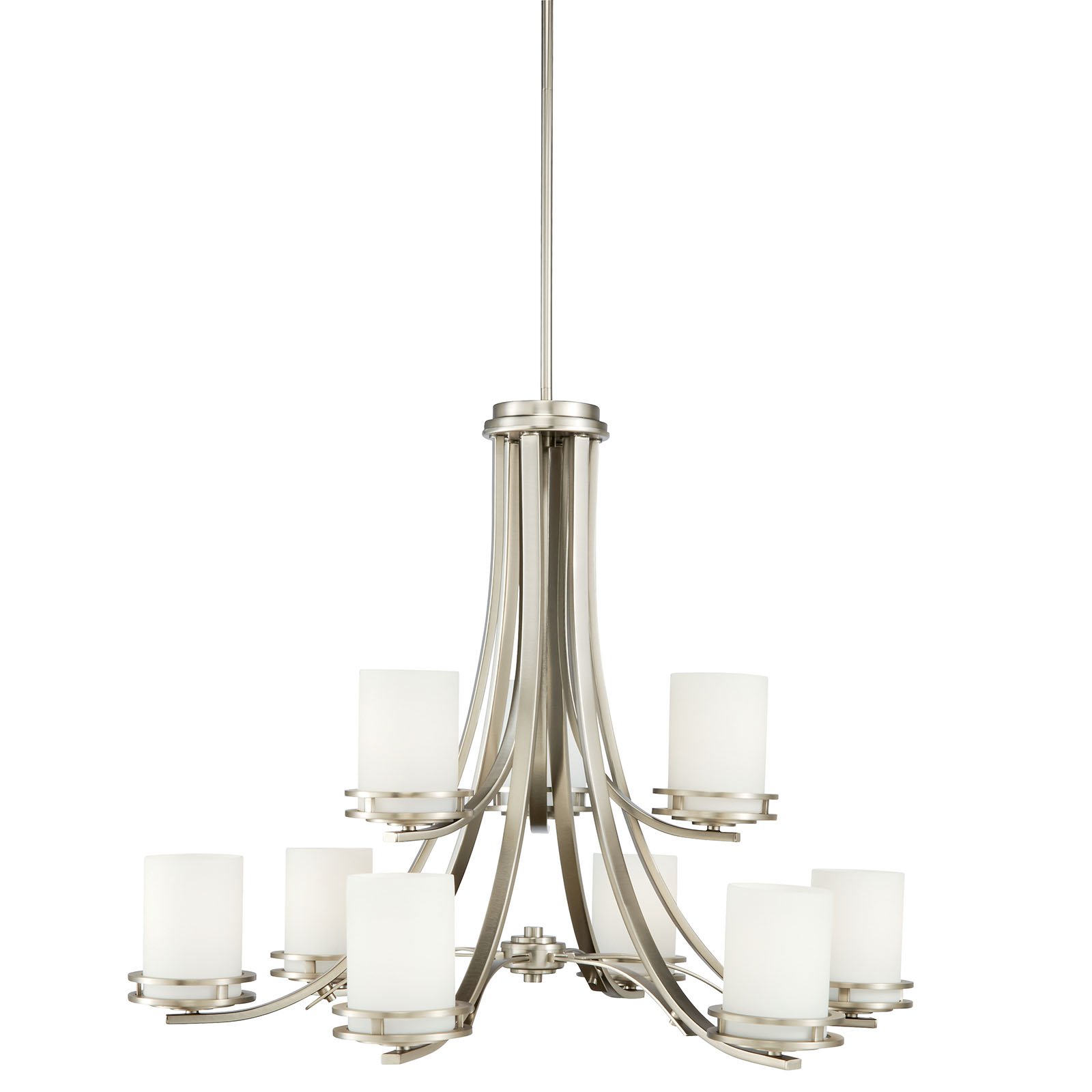 The Hendrik(TM) 25.75in. 9 light chandelier features a classic look with its Brushed Nickel finish and satin etched cased opal glass. Inspired by Hendrik Berlage, the Hendrik Chandelier works in several aesthetic environments, including traditional and modern.