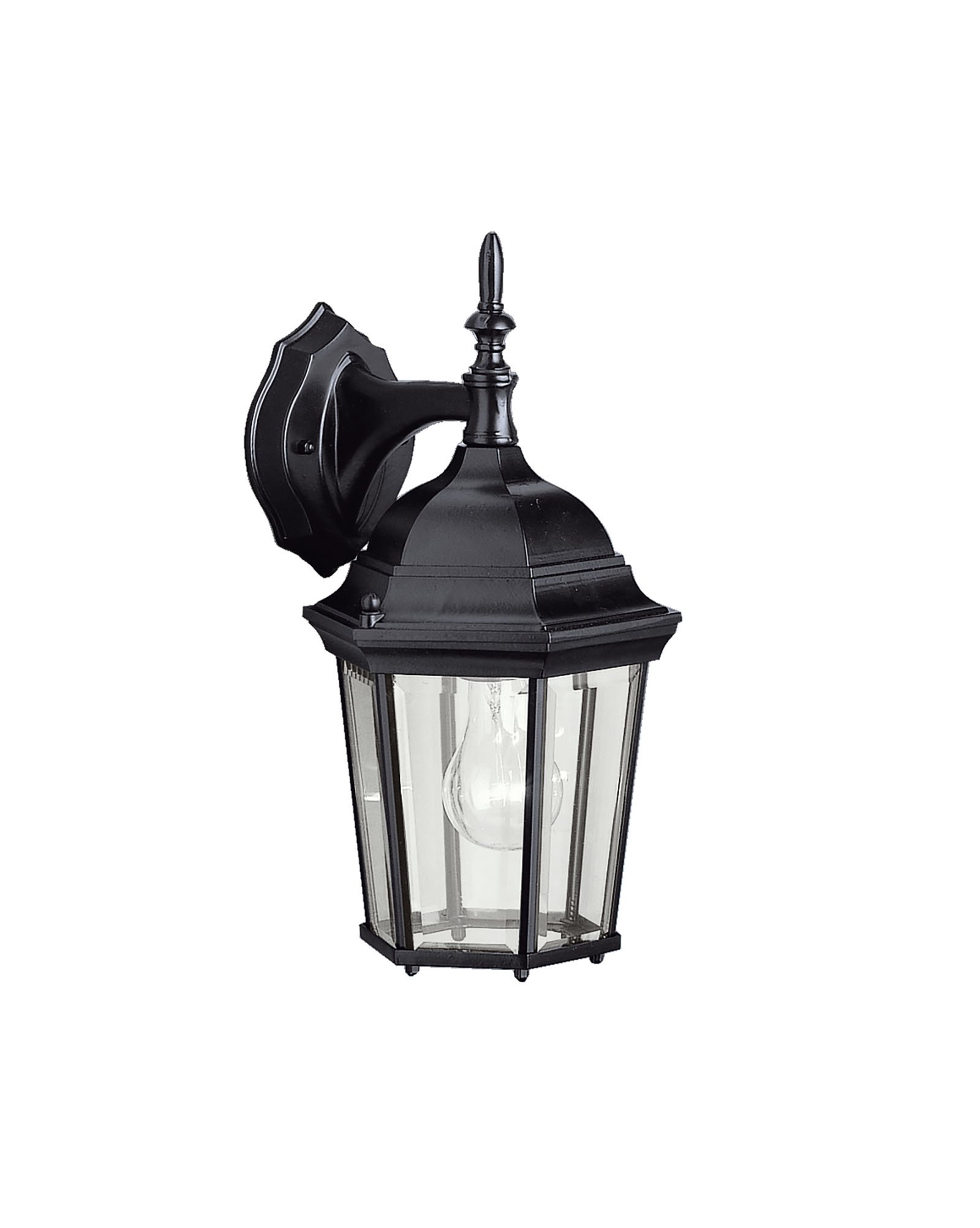 With its timeless colonial profile, the Madison is the perfect line of outdoor fixtures for those looking to embellish classic sophistication. Because it is made from cast aluminum and comes in an extensive amount of different finishes, this Madison 1-light wall lantern can go with any home décor while being able to withstand the elements. It features a Black finish with clear beveled glass panels. The Madison wall lantern uses a 100-watt (max.) bulb, measures 8in. wide by 13in. high, and is U.L. listed for wet location.