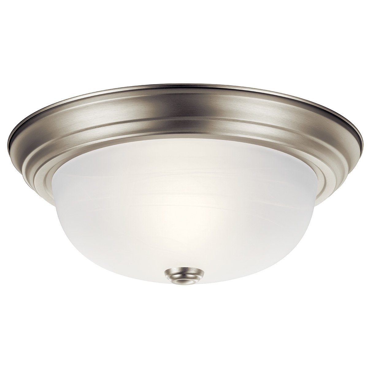 With just the right amount of added detail, this flush mount ceiling fixture provides not only the light you need, but the form as well.  A pleasing, yet unobtrusive look for any room where a functional light is needed. Alabaster swirl glass and Brushed Nickel finish 2 light. 60 watt max. Diameter 13 ½in., height 6in..