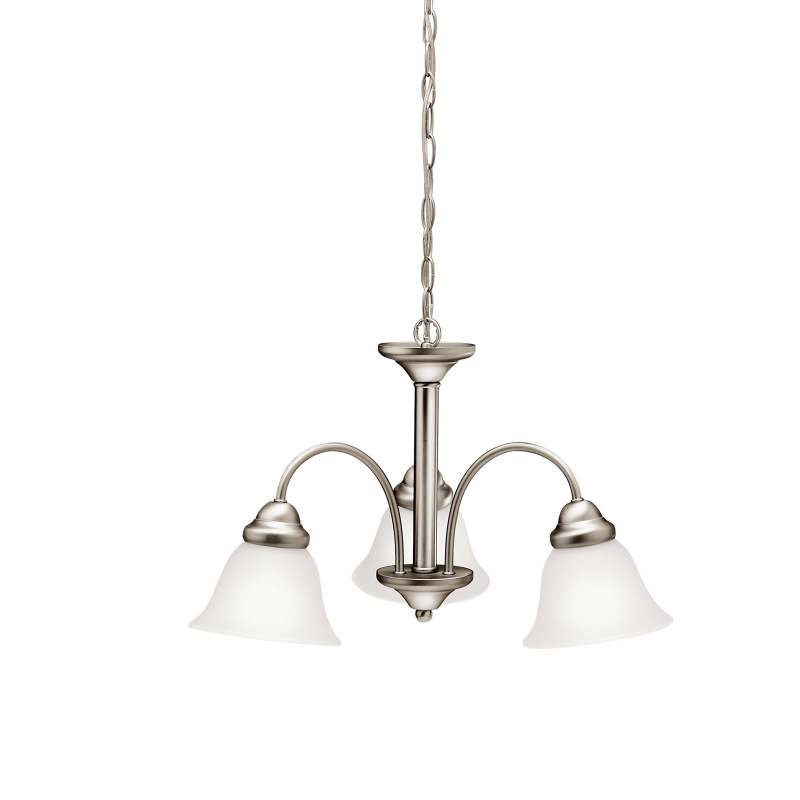 With a straightforward, contemporary design scheme firmly in place, the Wynberg(TM) Collection is a line of lighting that leaves nothing to chance. The simplicity of the Wynberg(TM) profile is accentuated by our high quality Brushed Nickel finish for a clean, timeless look. The satin-etched glass adds wonderful frosted ambiance and a fine contrast in texture. The 3-light chandelier uses 100-watt (max.) bulbs and measures 22in. in diameter with a 13.5in. body height. It includes 59in. of extra lead wire with 6' of chain.