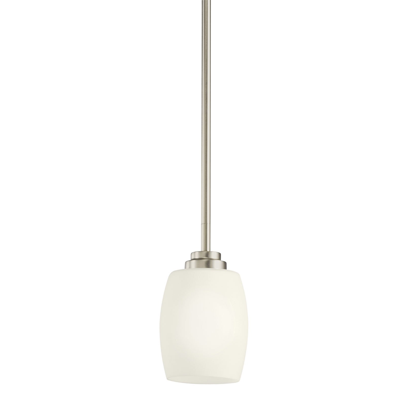 Named after famed furniture designer Eileen Gray, The Eileen(TM) Collection features a clean, straight linear construction with simple glass for a style that is as unique and contemporary as Eileen Gray's. The fresh, weightless elegance of our Brushed Nickel finish complements the white etched glass perfectly to give the Eileen(TM) Collection added ambiance that is ideal for today's ever-evolving aesthetic. The 1-light Eileen Mini- Pendant uses a 100-watt (max.) bulbs and measures 4.5in. in diameter and 8in. high. It comes complete with 1041in. of lead wire for easy installation.