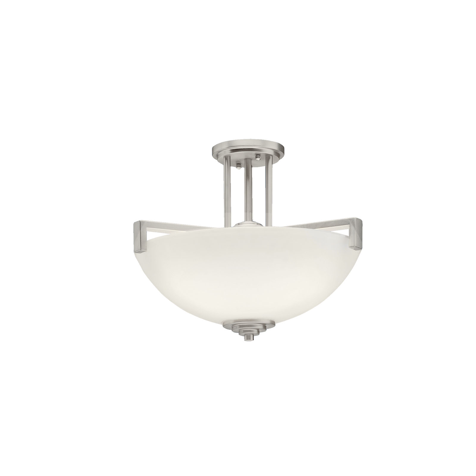 Named after famed furniture designer Eileen Gray, The Eileen(TM) Collection features a clean, straight linear construction with simple glass for a style that is as unique and contemporary as Eileen Gray's. The fresh, weightless elegance of our Brushed Nickel finish complements the white etched glass perfectly to give the Eileen(TM) Collection added ambiance that is ideal for today's ever-evolving aesthetic. The 3-light Eileen Semi-Flush uses 100-watt (max.) bulbs and measures 17.5in. in diameter and 13.5in. high. It can be converted to a chain-hung fixture for additional versatility.