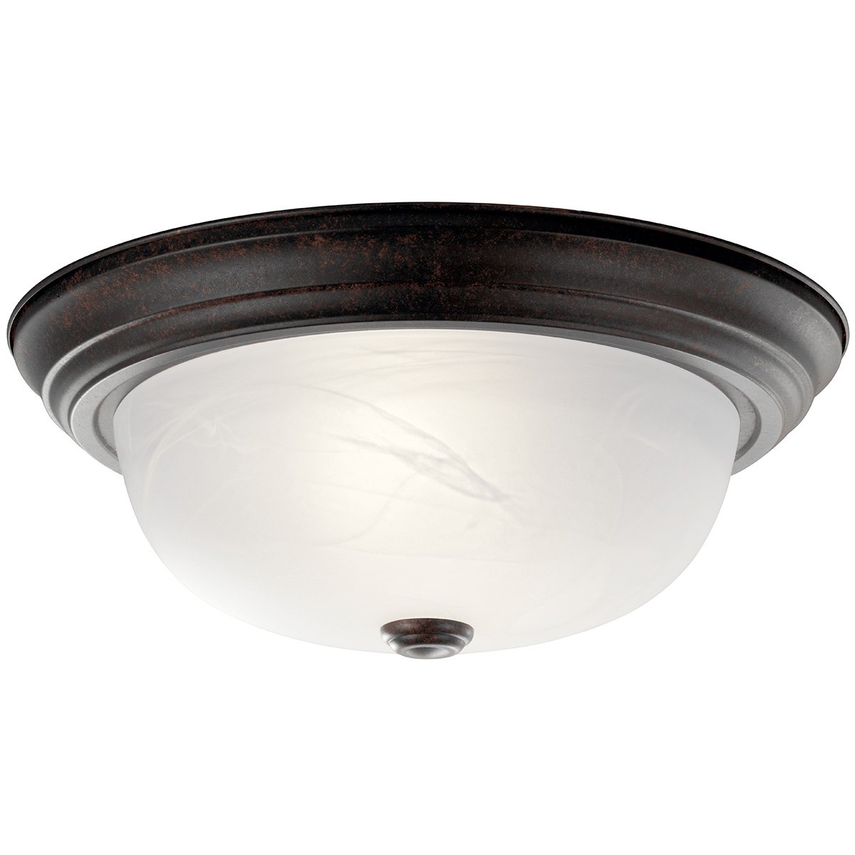 With just the right amount of added detail, this flush mount ceiling fixture provides not only the light you need, but the form as well.  A pleasing, yet unobtrusive look for any room where a functional light is needed. Alabaster swirl glass and a Tannery Bronze.      2 light. 60 watt max. Diameter 13.5in., height 6in..