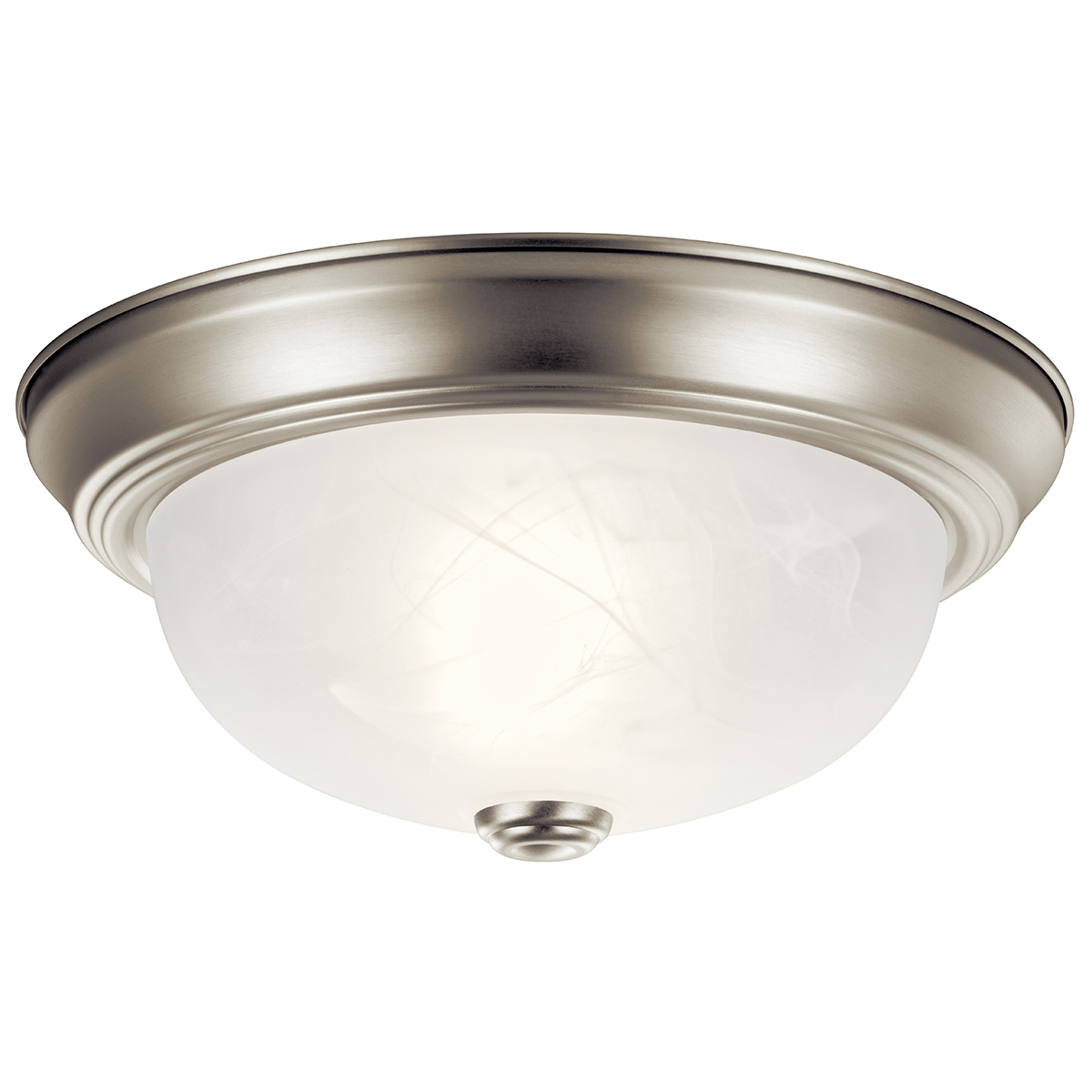 With just the right amount of added detail, this flush mount ceiling fixture provides not only the light you need, but the form as well.  A pleasing, yet unobtrusive look for any room where a functional light is needed. Alabaster swirl glass and Brushed Nickel finish. 2 light. 60 watt max. Diameter 11 ½in., height 6 ½in..