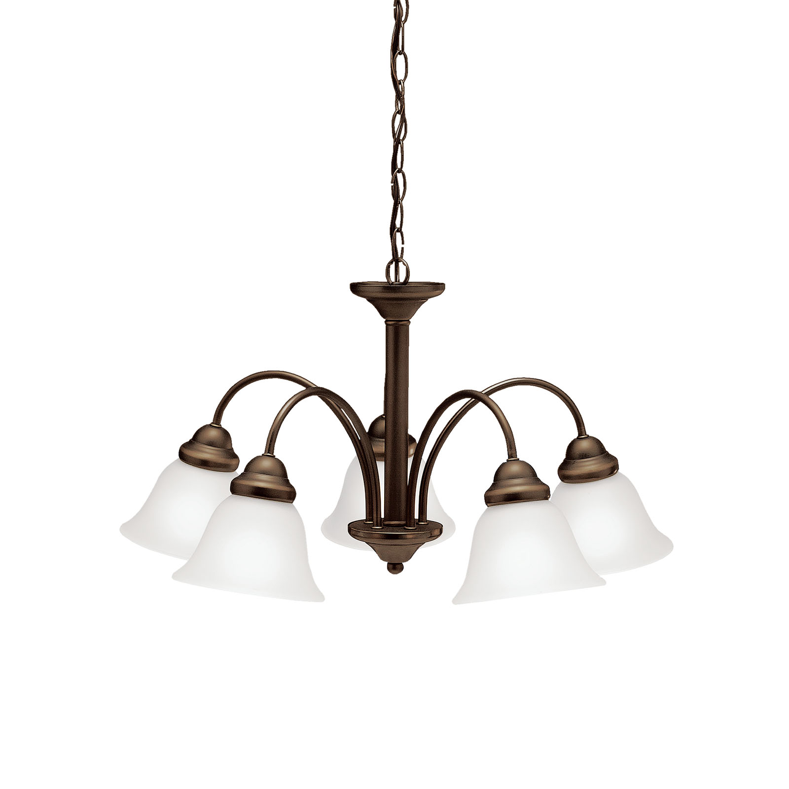 With a straightforward, contemporary design scheme firmly in place, the Wynberg(TM) Collection is a line of lighting that leaves nothing to chance. The simplicity of the Wynberg(TM) profile is accentuated by our high quality Olde Bronze finish for a warm, timeless look. The satin-etched glass adds wonderful frosted ambiance and a fine contrast in texture. The 5-light chandelier uses 100-watt (max.) bulbs and measures 24.5in. in diameter with a 14in. body height. It includes 57in. of extra lead wire with 6' of chain.