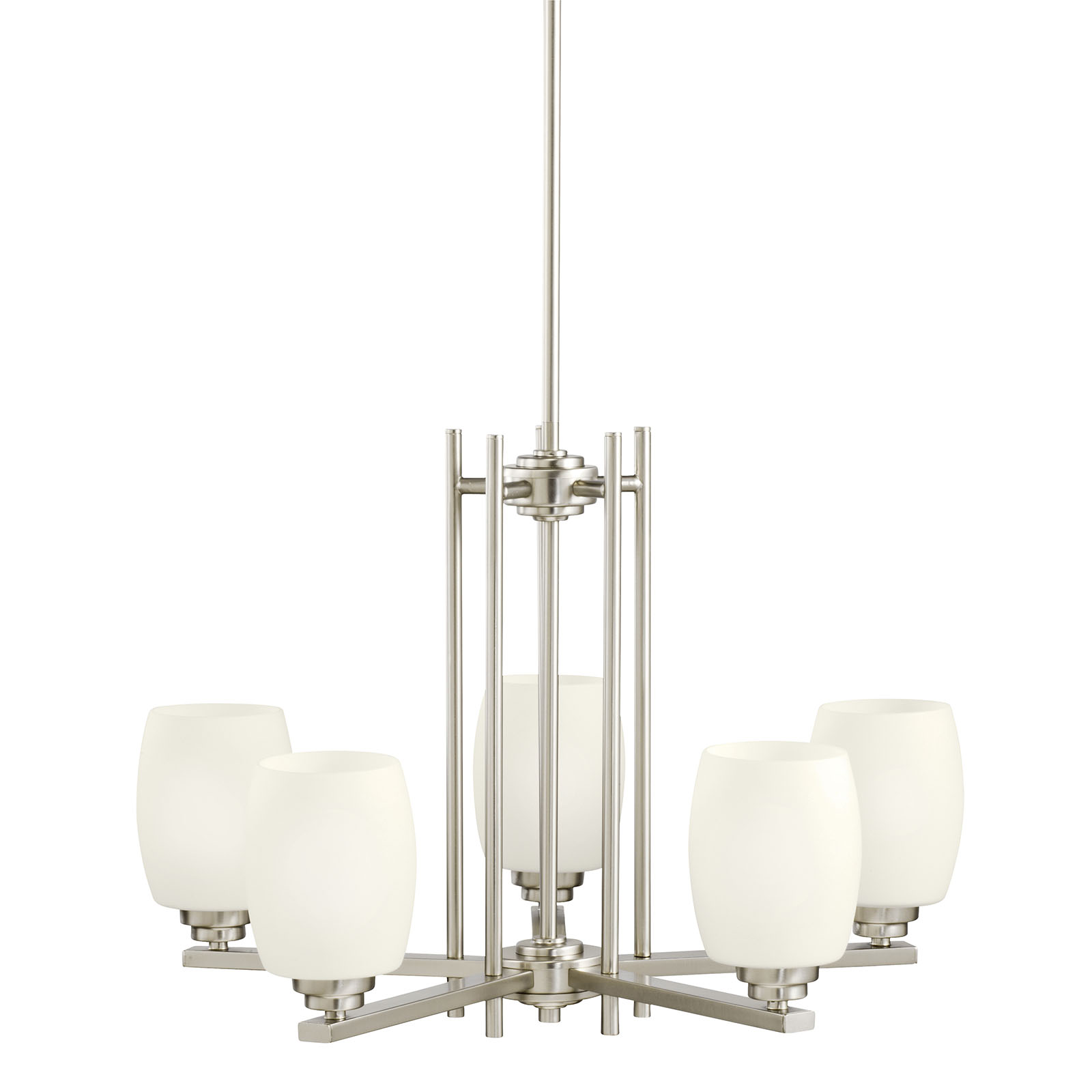 Named after famed furniture designer Eileen Gray, The Eileen(TM) Collection features a clean, straight linear construction with simple glass for a style that is as unique and contemporary as Eileen Gray's. The fresh, weightless elegance of our Brushed Nickel finish complements the white etched glass perfectly to give the Eileen(TM) Collection added ambiance that is ideal for today's ever-evolving aesthetic. The 5-light chandelier uses 100-watt (max.) bulbs and measures 24in. in diameter and 16.5in. high. It comes complete with 91in. of lead wire for easy installation while the glass may be installed either up or down allowing for additional lighting versatility.