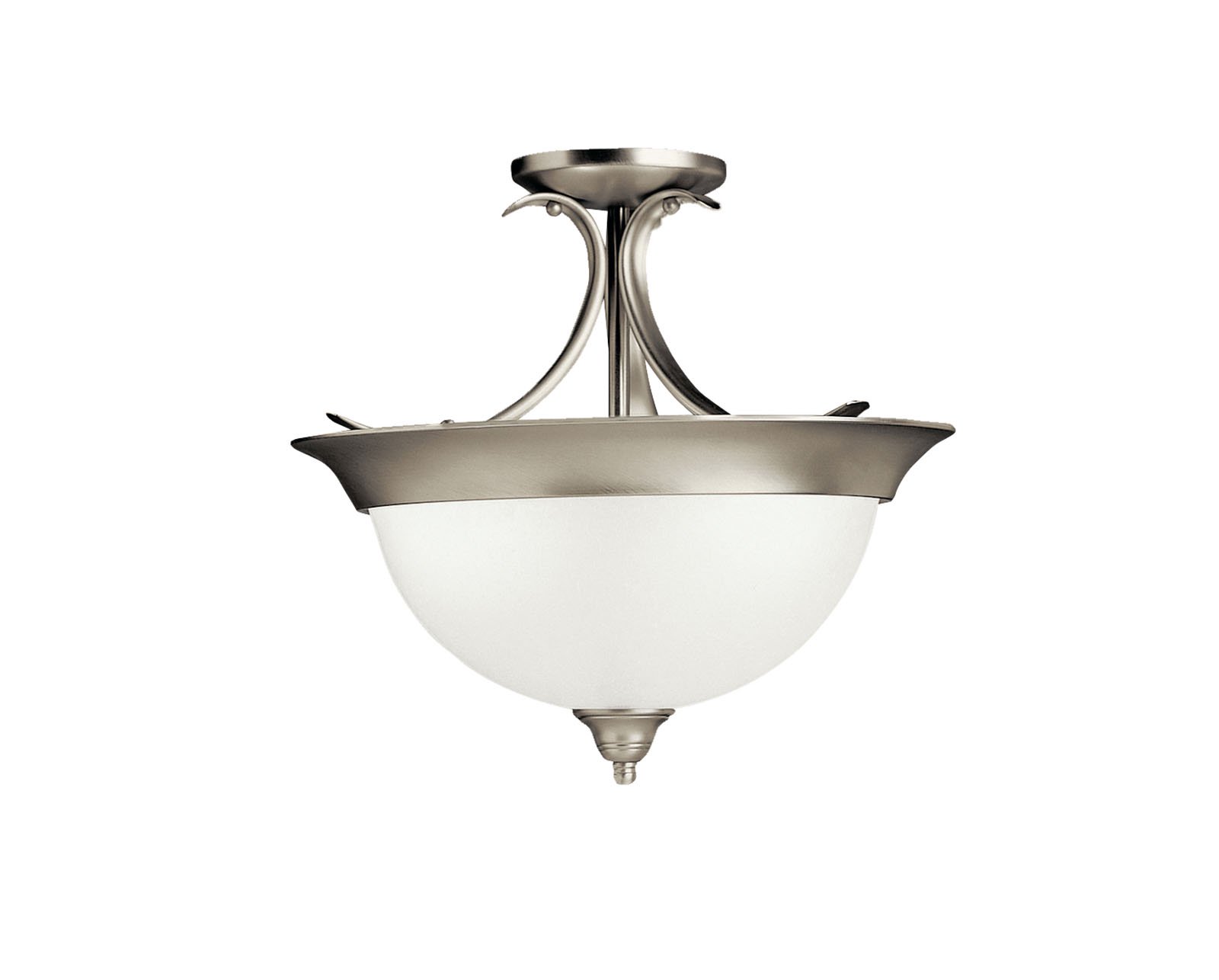 The Dover(TM) Collection takes classic design and offers its own unique, modern twist. Characterized by its sweeping arms, Dover(TM) fixtures offer a clean look while remaining fresh and exciting. With our Brushed Nickel finish over its hand-wrought steel frame, you can be sure of a high quality fit and finish that is second to none. This 3 light Dover(TM) Semi-Flush uses 60-watt (max.) bulbs for everyday lighting. With its etched seedy glass base, this fixture brings a timeless design into any room. It measures 15.5in. in diameter with a 14in. body height.
