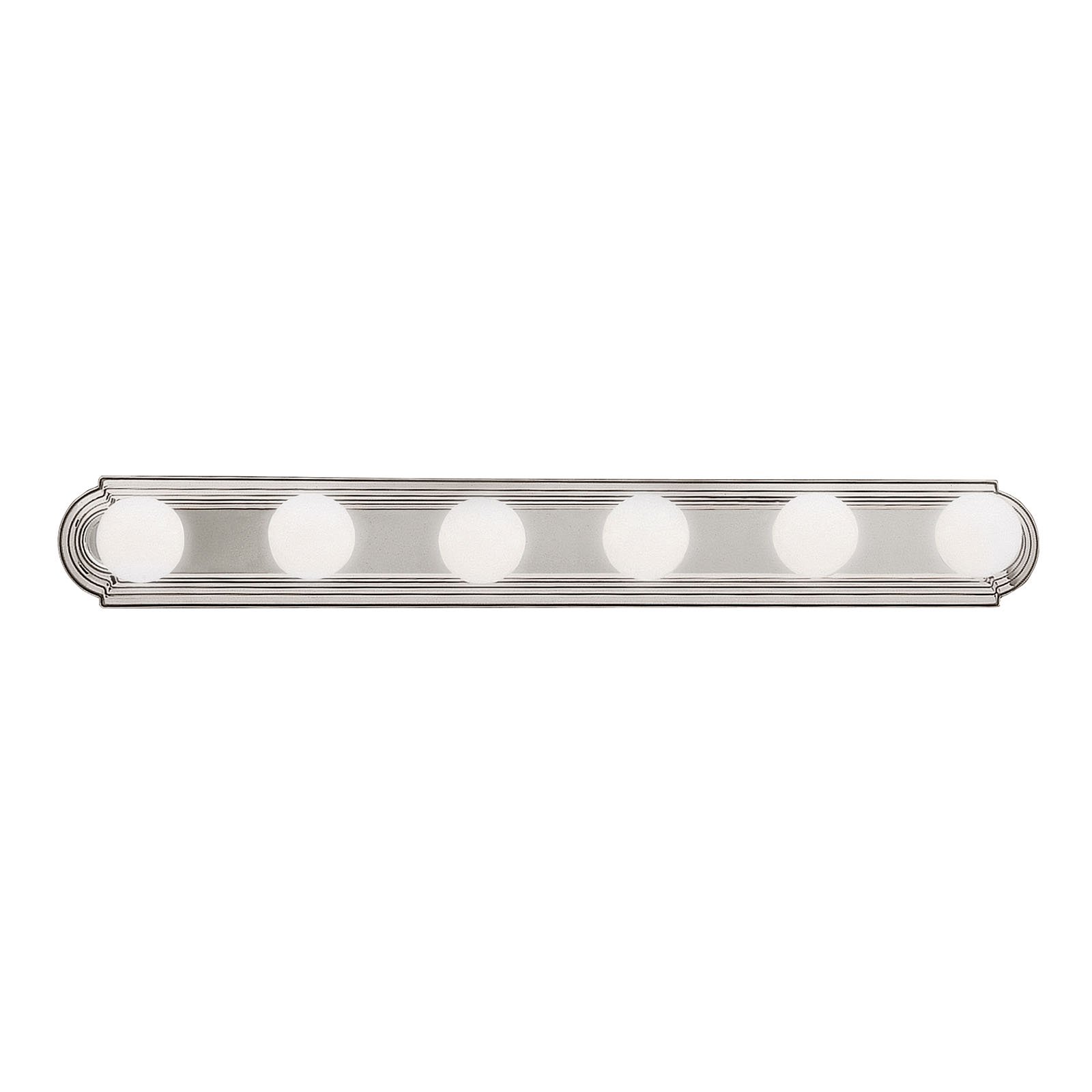 The sleek design of this 6 light bath bar means it fits neatly in many decors and spaces. Brushed Nickel finish with 6 white globes.
