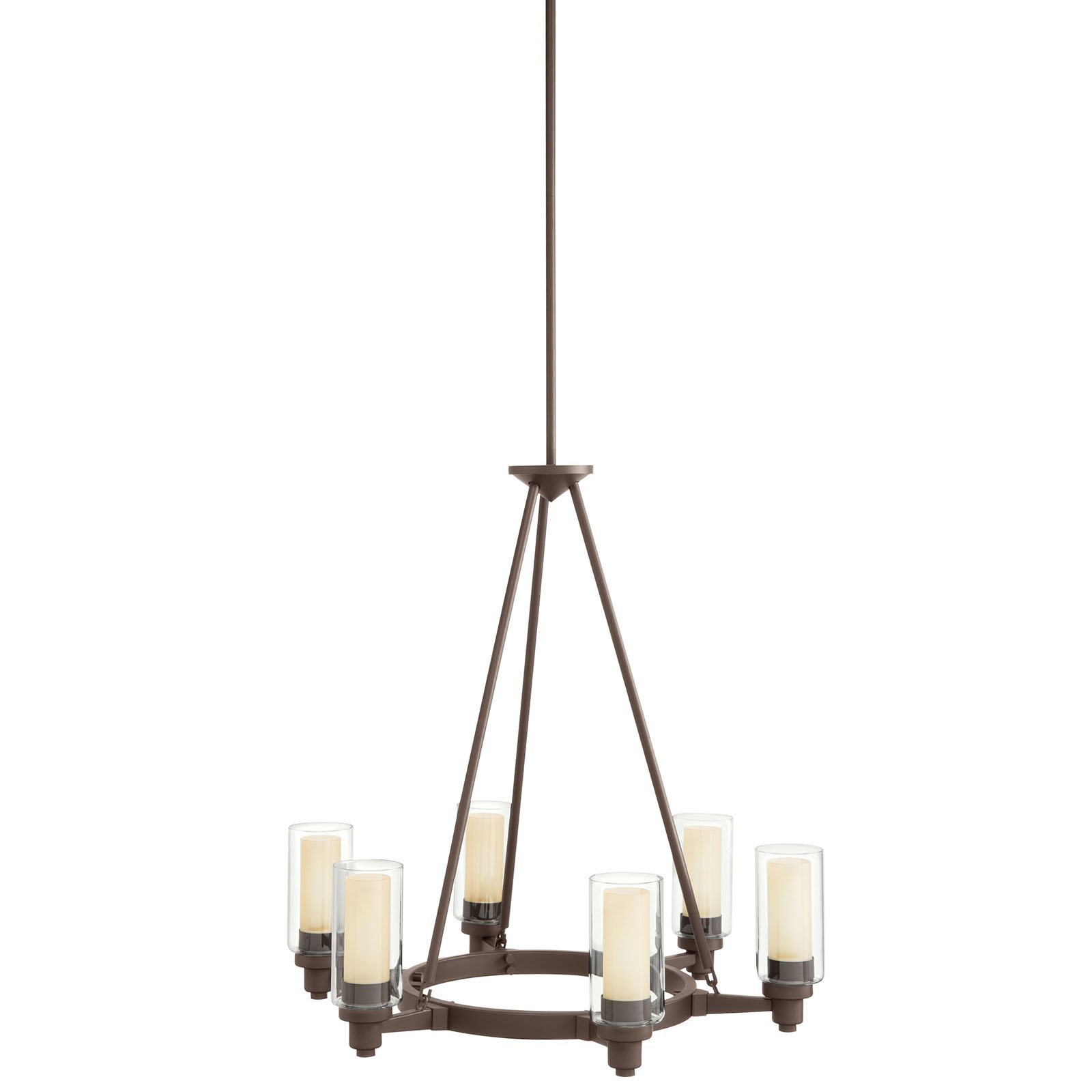 Smooth and tailored, this unusual 6 light chandelier combines contemporary design with European flair. Clear cylindrical glass globes with Umber-Etched centers repeat the circular theme extending the artistry. A stylish Olde Bronzeâ„¢ finish completes the look.