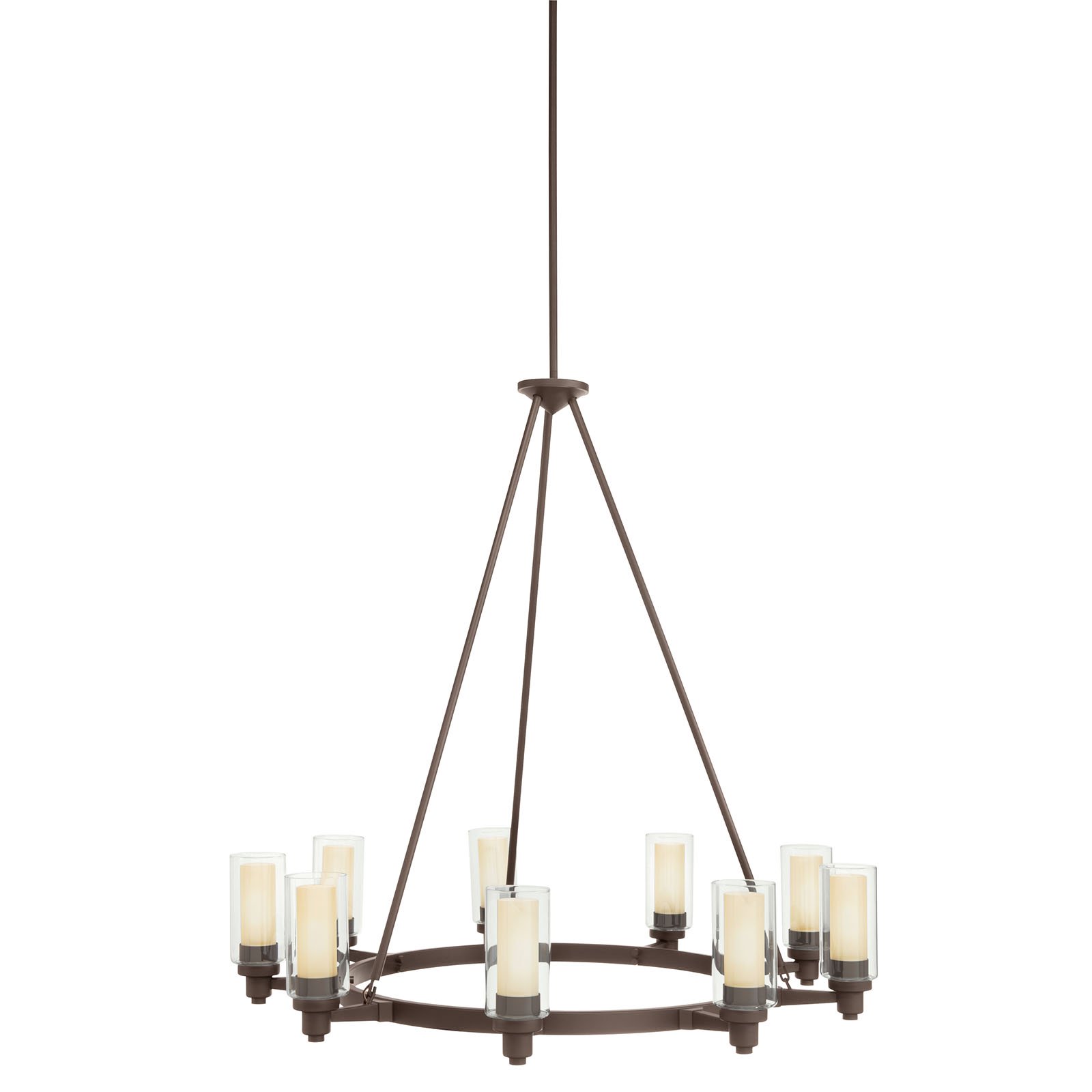 Smooth and tailored, this 9-light chandelier combines contemporary design with European flair. Clear cylindrical glass globes with Umber-Etched centers repeat the circular theme extending the artistry. A stylish Olde Bronzeâ„¢ finish completes the look. 60-W. Max. (M) (T10 lamp required) Dia. 36in., Body Height 35-1/2in., Overall 109-1/2in., Extra lead wire 73in.. 45Â° (12:12) Max. Stem tilt. For additional stems order No. 2998 (6in.) and/or 2999 (12in.) OZ.