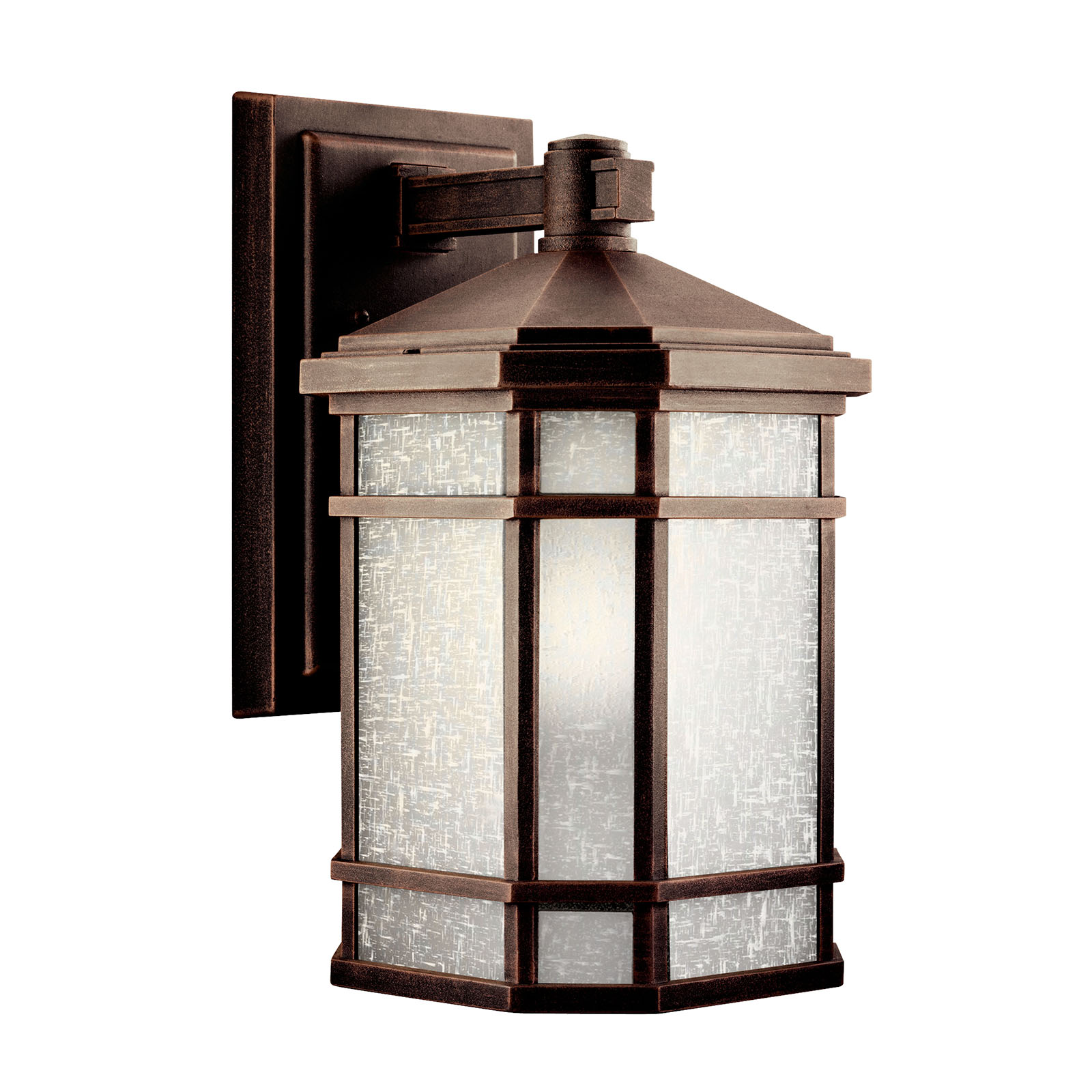 With the look of handcrafted finery, the simple design of this Arts and Crafts wall lantern from our Cameron(TM) collection is skillfully interpreted for today's homeowner.  The finish is our exclusive Prairie Rock(TM) adorned with White-Etched linen glass panels. 1-light, 150-W. Max. (M) Width 8in., Height 14-1/2in., Extension 9-1/2in..  Height from center of wall opening 3-3/4in.. Back plate size: 6in. x 10-1/4in.. U.L. listed for wet location.