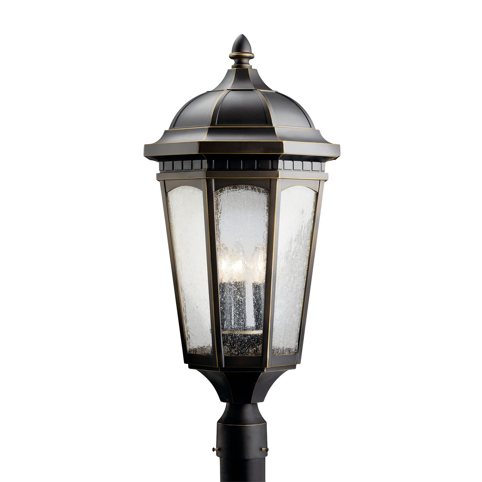 Uncluttered and traditional, this large attractive 3 light post-top fixture from the Courtyard(TM) collection adds the warmth of a secluded terrace to any patio or porch.  What a welcoming beacon for your home's exterior. Done in a Rubbed Bronze finish with Clear-seedy glass.  Post not included.