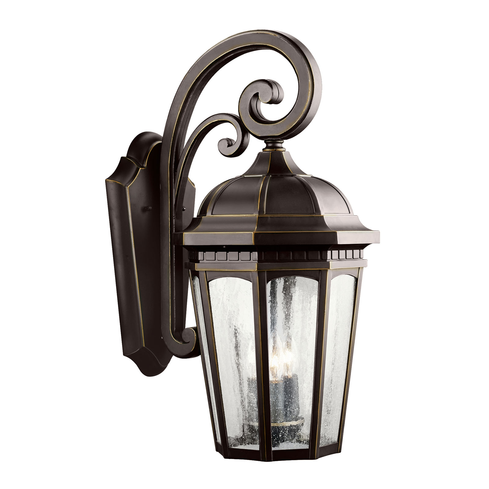 Uncluttered and traditional, this attractive wall lantern from the Courtyard(TM) collection adds the warmth of a secluded terrace to any patio or porch.  What a welcoming beacon for your home's exterior. Done in a Rubbed Bronze finish with Clear-seedy glass. 3-light, 60-W. Max. (C) Width 10-1/2in., Height 22-1/2in., Extension 13-1/2in..  Height From center of wall opening 9in.. Back plate size: 7-1/4in. x 13-1/2in.. U.L. listed for wet location.