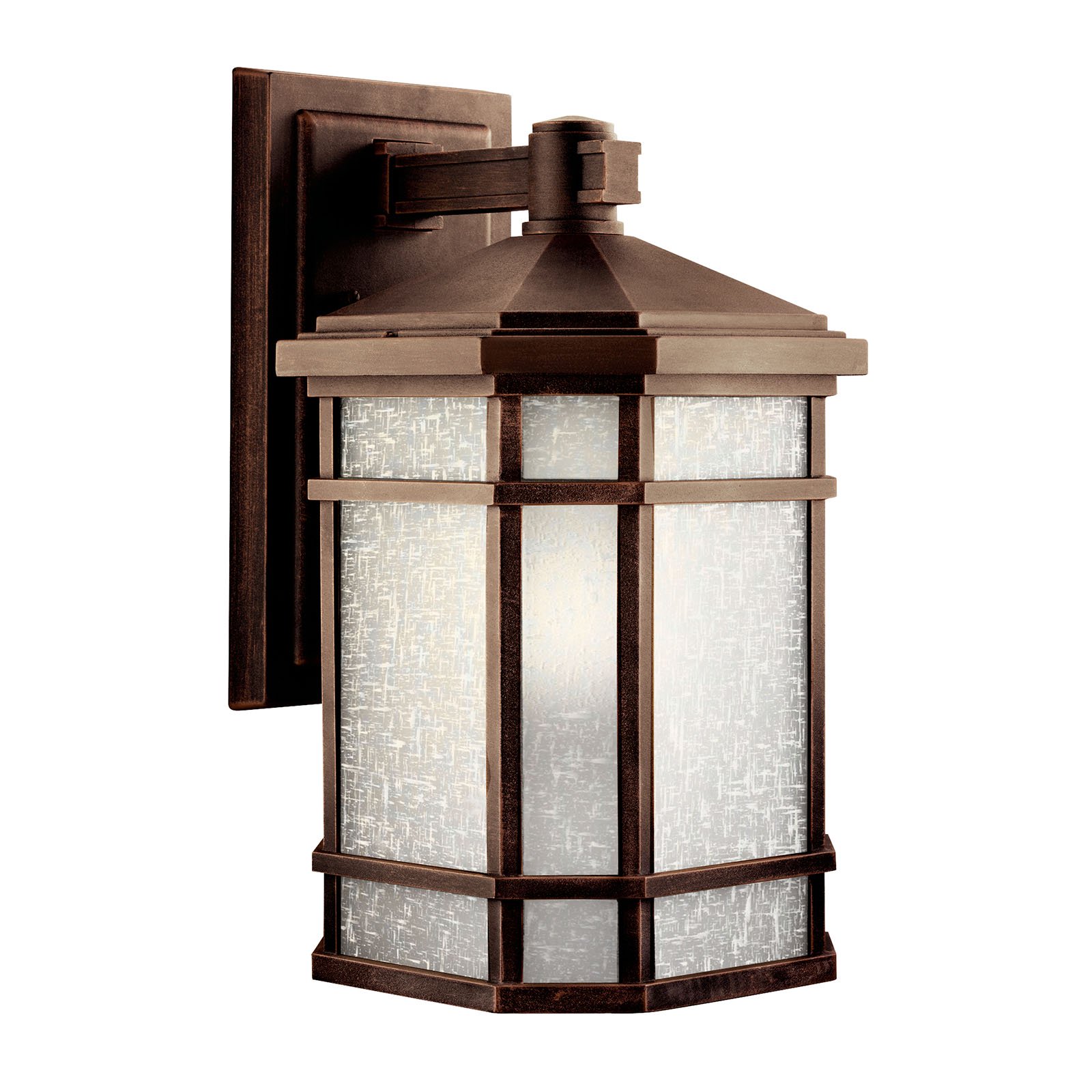 With the look of handcrafted finery, the simple design of this Arts and Crafts wall lantern from our Cameron(TM) collection is skillfully interpreted for today's homeowner.  The finish is our exclusive Prairie Rock(TM) adorned with White-Etched linen glass panels. 1-light, 200-W. Max. (M) Width 10in., Height 18in., Extension 11-1/2in..  Height from center of wall opening 4-1/2in.. Back plate size: 6-3/4in. x 12-3/4in.. U.L. listed for wet location.
