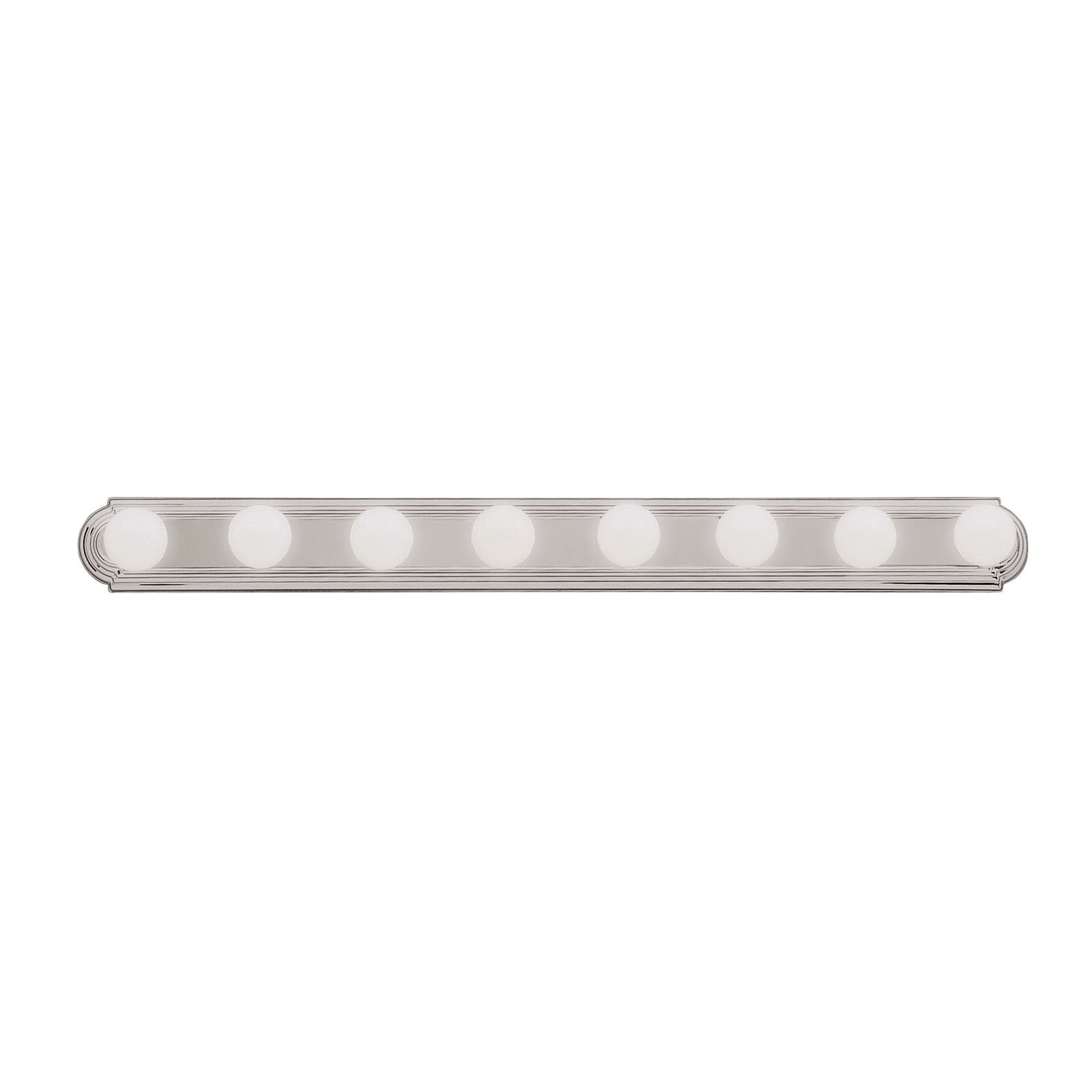 The sleek design of this 8 light bath bar means it fits neatly in many decors and spaces. Brushed Nickel finish with 8 white globes.