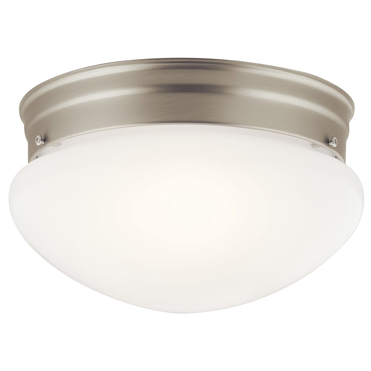 This clean, ceiling light measures 9 1/2in.in. in diameter and features our Brushed Nickel finish combined with a white glass cover, and uses two, 60-watt (max.) bulb.