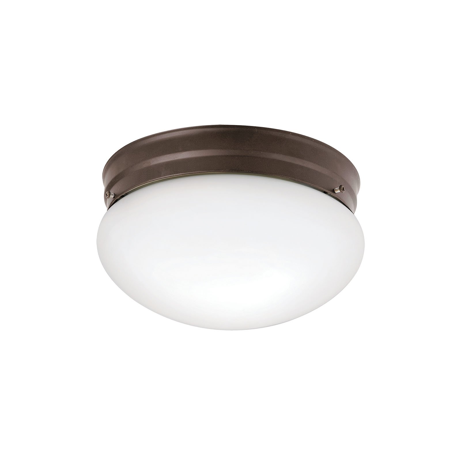 This clean, ceiling light measures 9 1/2in.in. in diameter and features our Olde Bronzeâ„¢ finish combined with a white glass cover, and uses two, 60-watt (max.) bulb.