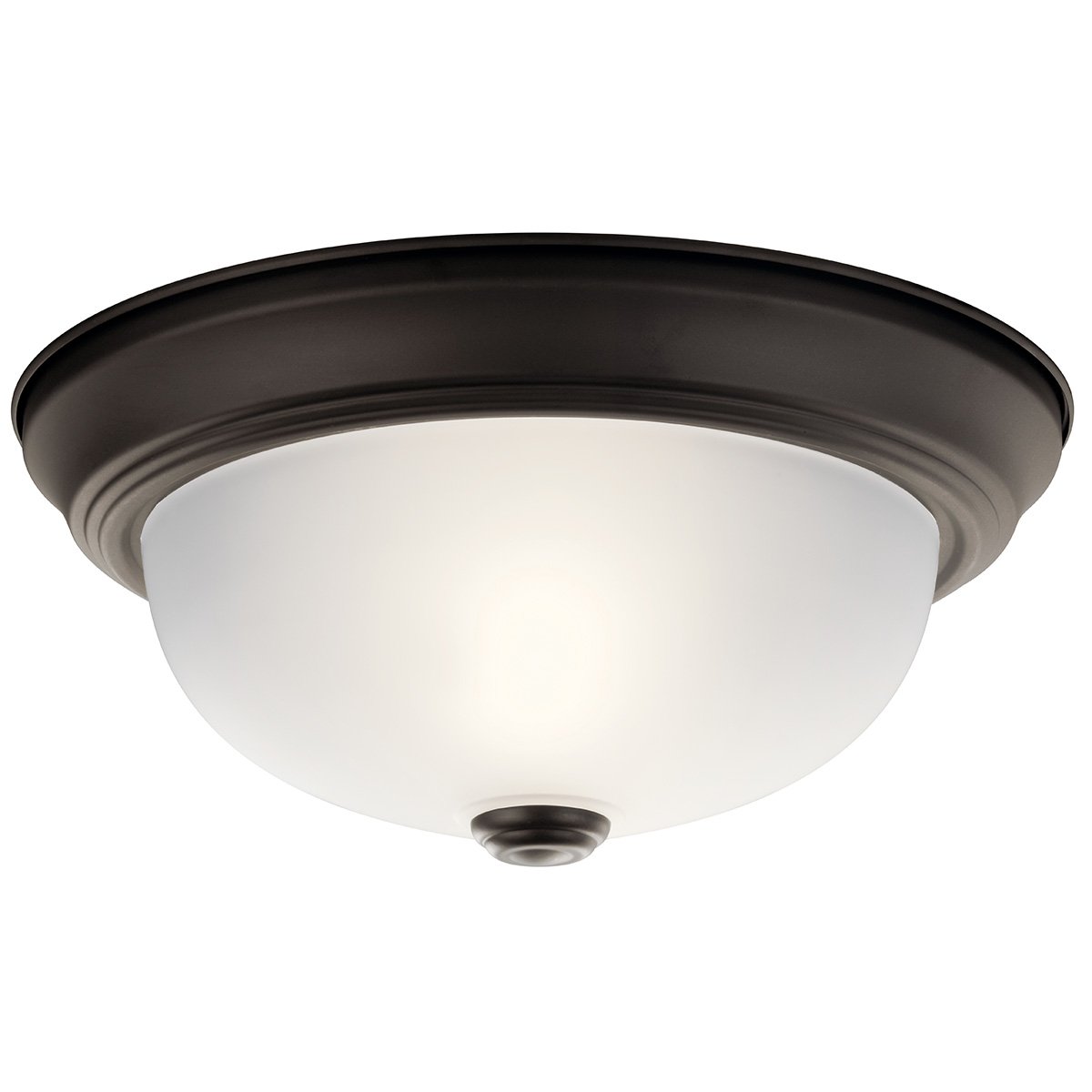 The current and pleasing lines of this flush mount ceiling fixture done in Olde Bronze(R)  finish with Satin-Etched Glass will blend into many decors. 2-Light, 60-W Max.  (M). Diameter 11 1/2in., Height 6 1/2in..