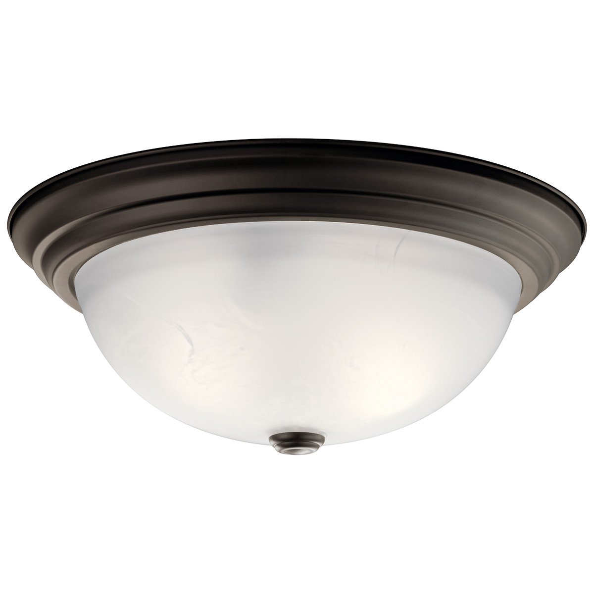 The current and pleasing lines of this flush mount ceiling fixture done in Olde Bronze(R)  finish with Satin-Etched Glass will blend into many decors. 3-Light, 60-W Max.  (M). Diameter 15 1/2in., Height 6 1/2 in..