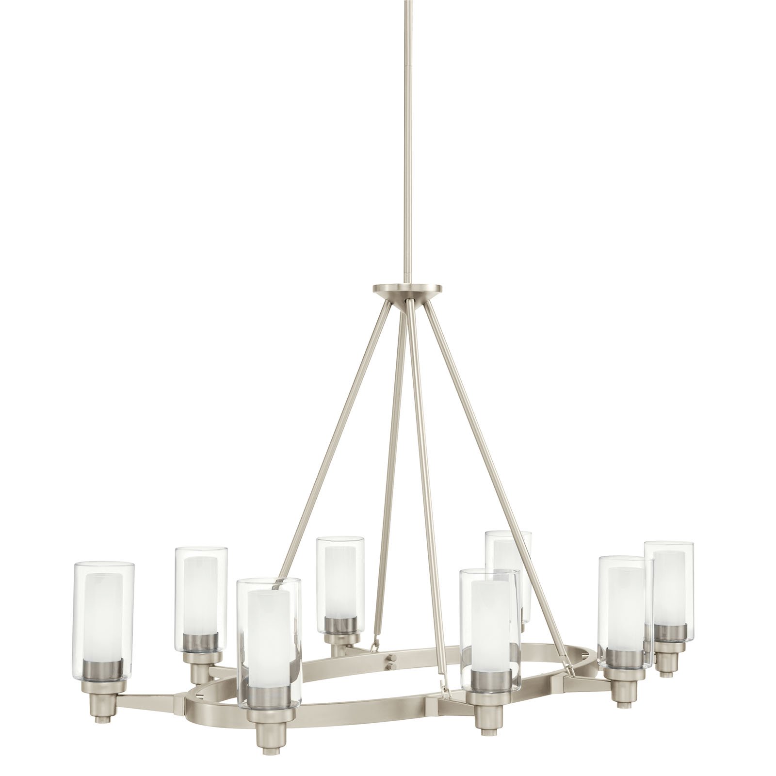 The Circolo 27in. 8 light oval chandelier features a Brushed Nickel finish and clear outer and satin etched inner glass cylinders for a classic look. The Circolo's double layer glass provides a European flair to the oval chandelier which works nicely in several aesthetic environments, including transitional, contemporary and modern.
