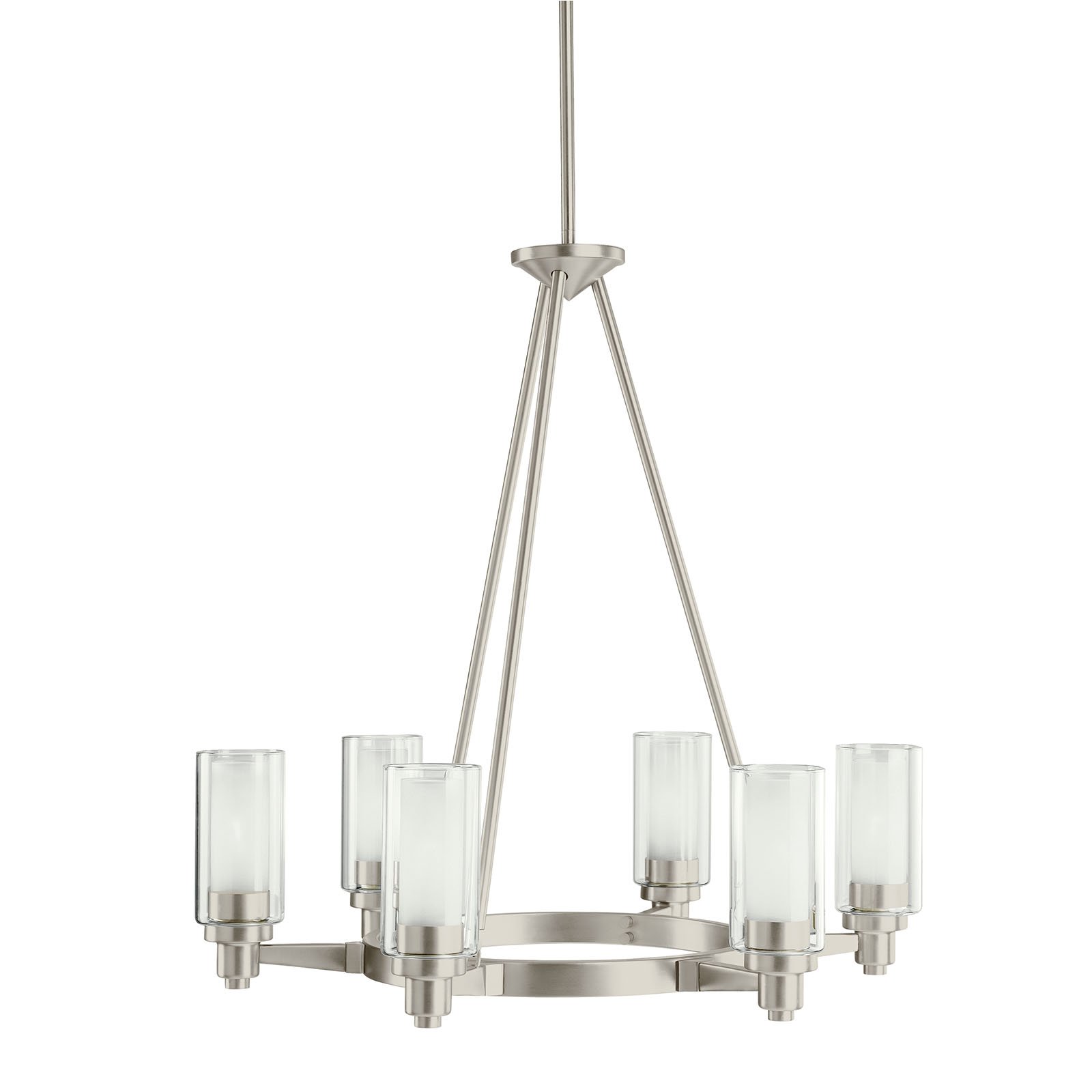 Smooth and tailored, this unusual 6 light Circoloâ„¢ chandelier combines contemporary design with European flair. Clear cylindrical glass globes with Etched Glass centers repeat the circular theme extending the artistry. A stylish Brushed Nickel finish completes the look.
