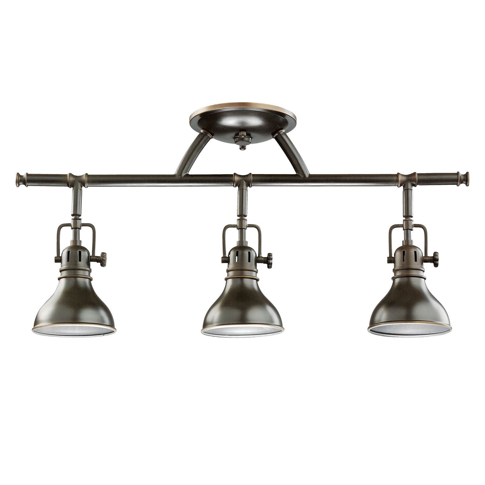 Classic industrial form in this Adjustable Rail light in Olde Bronze(R)  expands your decorating options. Versatile 3-light swivel head focuses light in multiple directions. Lamps swivel 90 degrees and rotate 350 degrees.