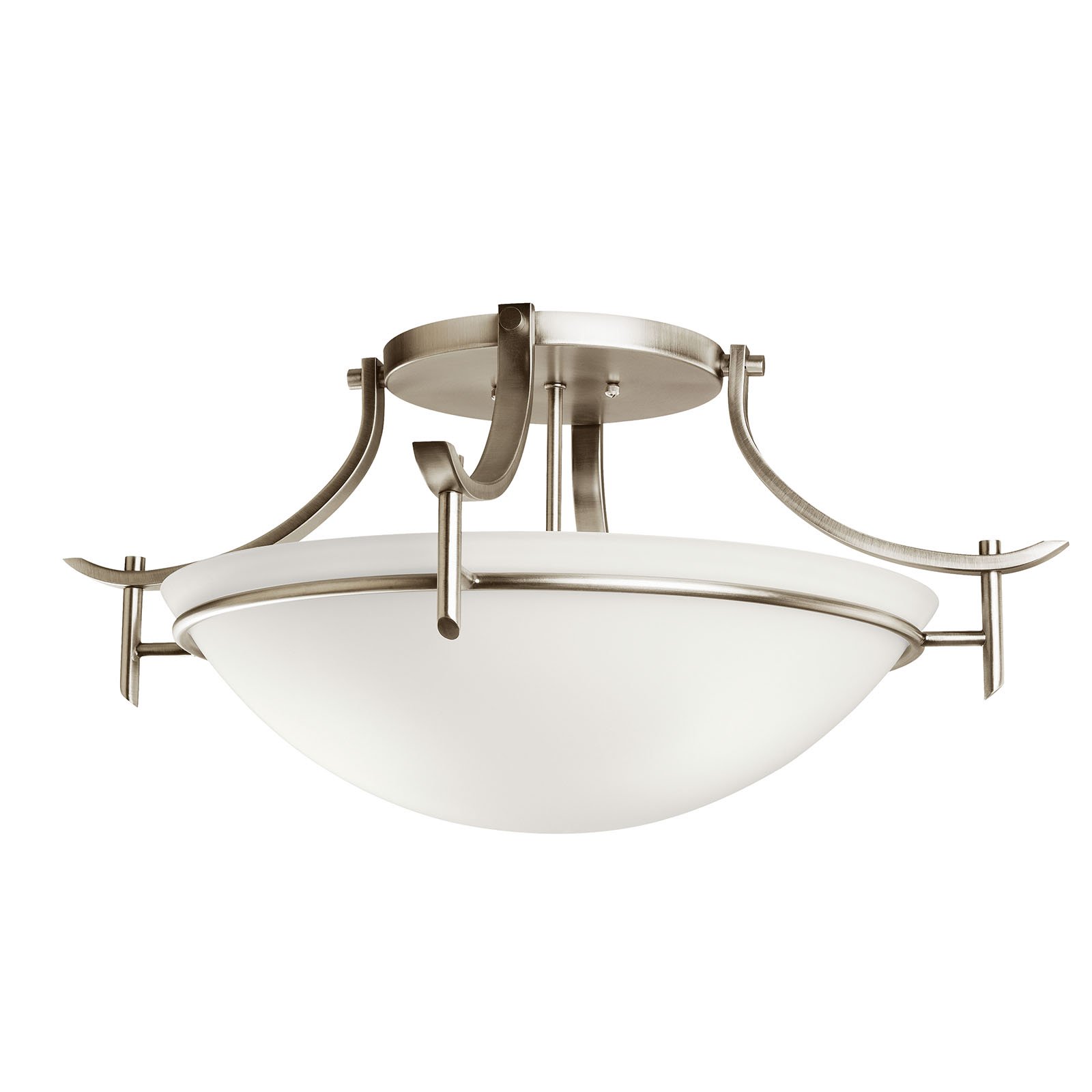 The Olympia(TM) Collection brings a modern twist on the classic aesthetic to create a new form the likes of which has not been seen before. The curvilinear, flowing arms create a clean, contemporary profile for your home. The Antique Pewter finish combined with Satin-etched white glass presents a natural color palate capable of matching any décor. For a simple approach, the Olympia(TM) Collection offers its unique look as an inspirational semi-flush ceiling fixture. It is a 3-light design that requires a 100-W Max bulbs to light the Satin-etched cased opal glass, creating glowing light with chic sophistication. Diameter 21in., height 11 1/2in..