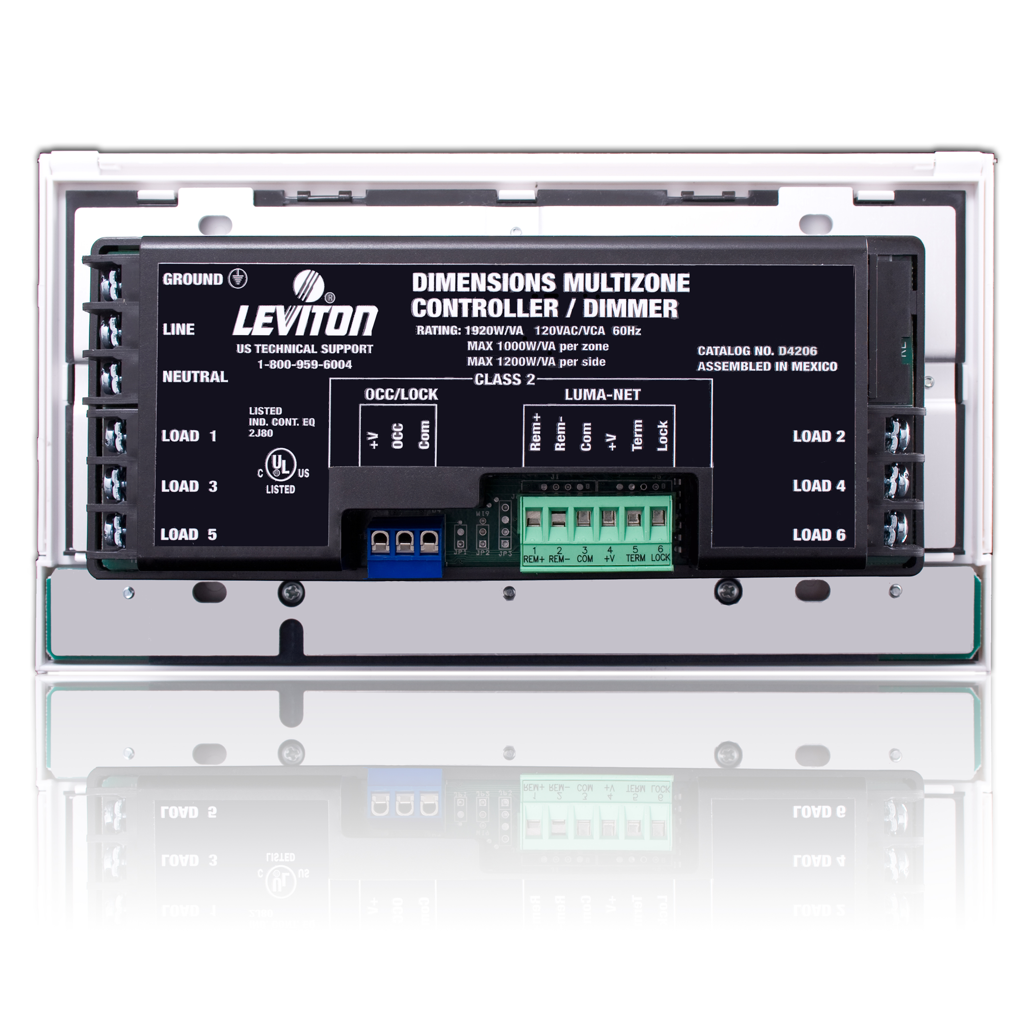 D4206-1LW 078477317747 Dimensions D4206 Lighting Controller for Luma-Net system. 6 120V Dimmers. 32 Channels. 20A 120V Input.