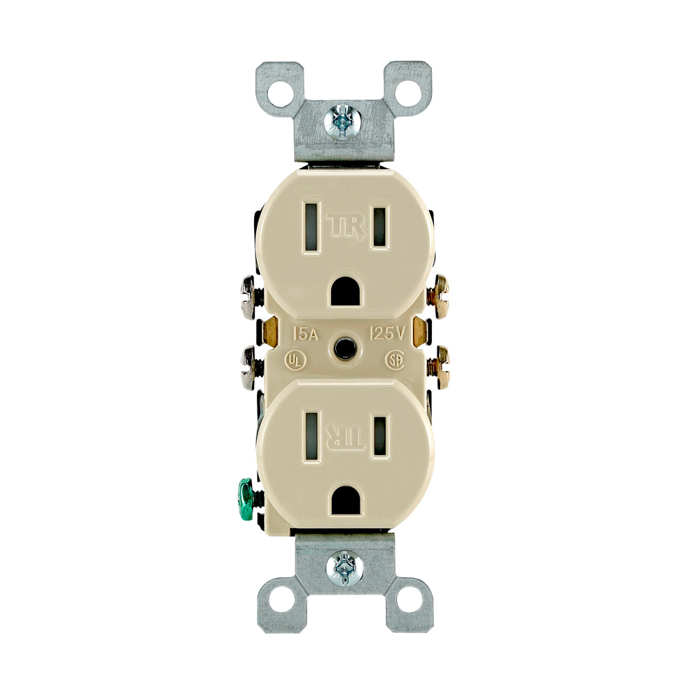 15 Amp, 125 Volt, NEMA 5-15R, 2P, 3W, Duplex Receptacle, Tamper Resistant, Straight Blade, Residential Grade, Grounding, All Screws Backed Out, With Ears, Quickwire Push-In & Side Wired, Steel Strap - Ivory,  2008 NEC Compliant
