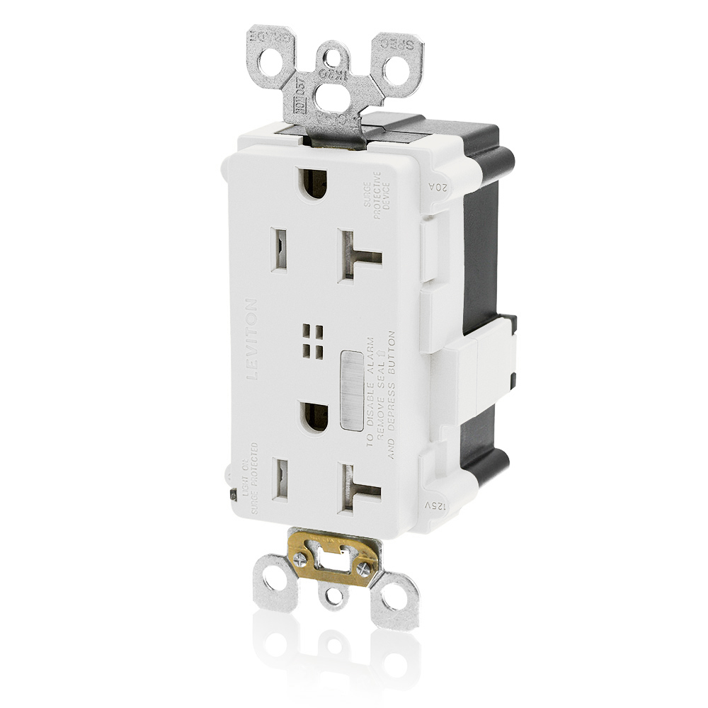 20A, 125V, Lev-Lok Tamper-Resistant Surge Protective Decora Duplex Receptacle, Indicator Light, Alarmed, Commercial Grade - WHITE Mating Lev-Lok Wiring Module Required for Use