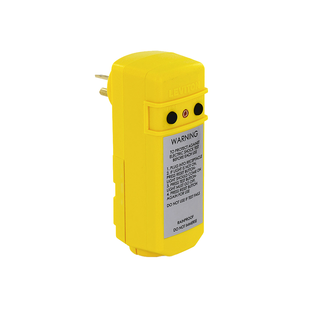 Compact Right Angle Manual-reset Plug-in Gfci With Open Neutral Protection Rated 20 Amps. 120 Vac. 60 Hz. Ground Pin Down With Green Led Indicator. Cof Yellow With Black Test/reset Buttons. Rainproof Design With Load Side Wiring Chamber Having Screw Terminals And Built-in Strain Relief.