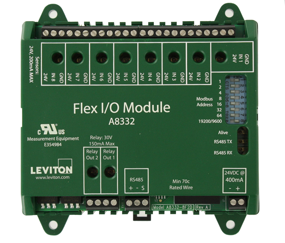 The Flex I/O module is a universal remote I/O module with 8 user selectable inputs for pulse analog and resistive output devices. Integrate with any Programmable Logic Controller or distributed Modbus network through RS-485.