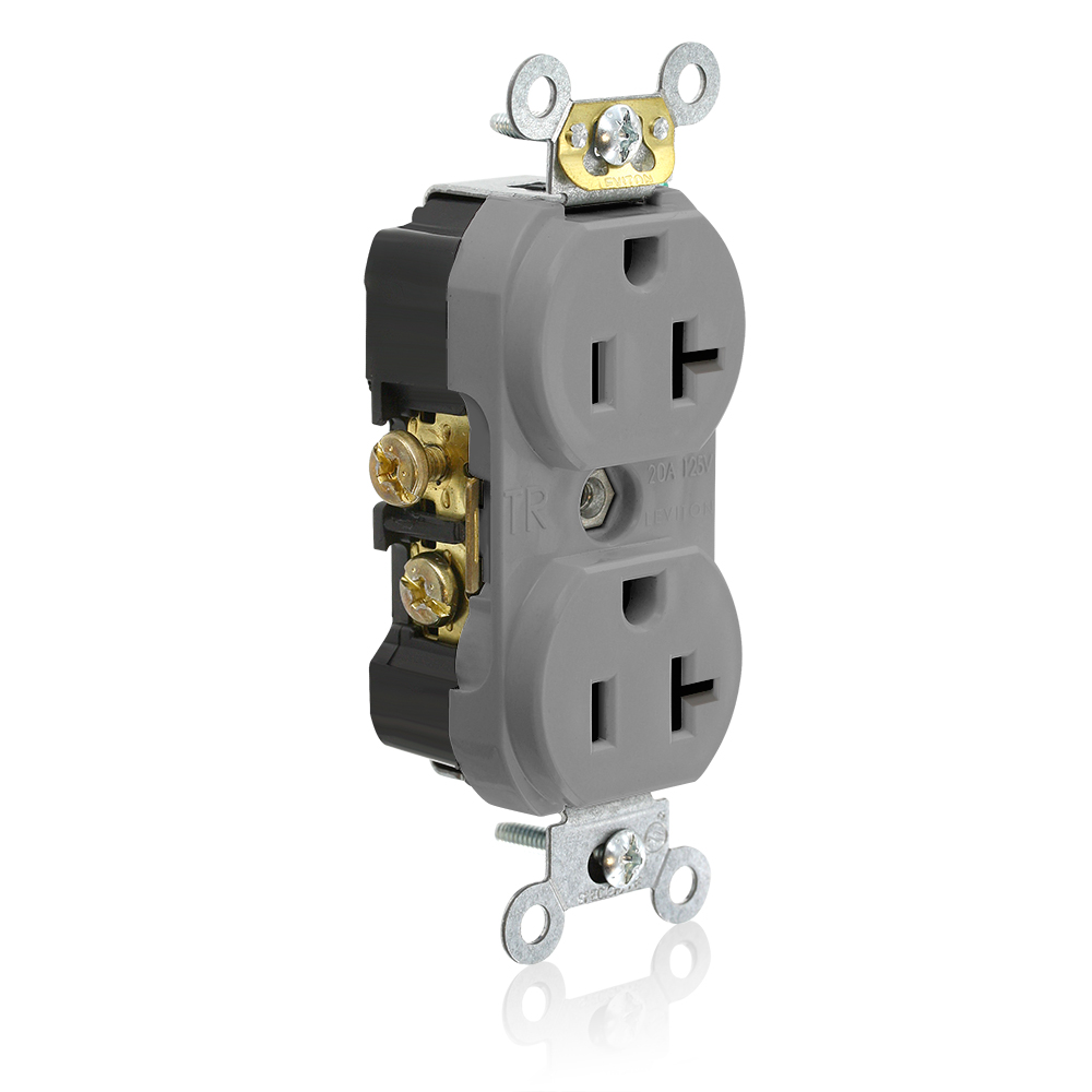 20A 125V  NEMA 5-20R 2P 3W Tamper-Resistant. Narrow Body Duplex Receptacle. Straight Blade. Commercial Grade. Self Grounding. Side Wired. Steel Strap - Gray