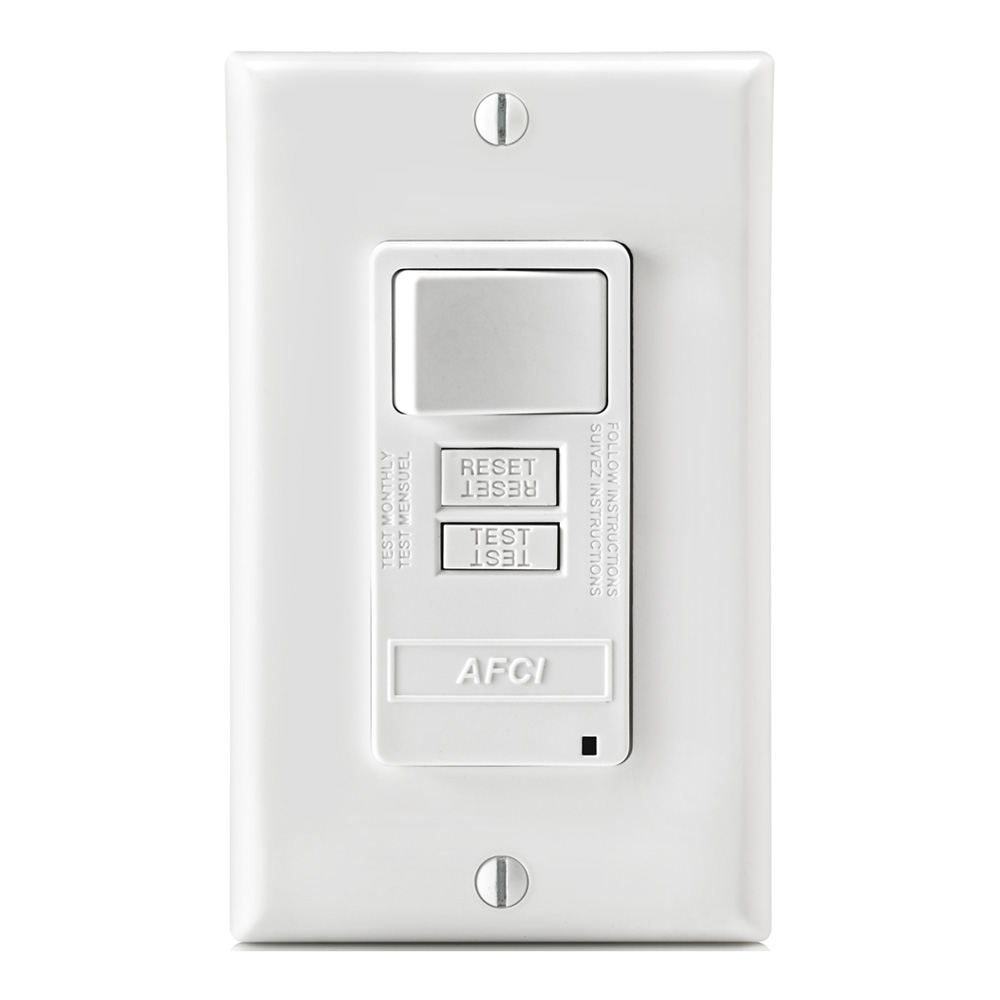 15 Amp Switch. 20 Amp Feed-Through. 125 Volt OBC AFCI with Switch. Monochromatic. Back and side wired. Wallplate sold separately. Self-grounding clip included - White