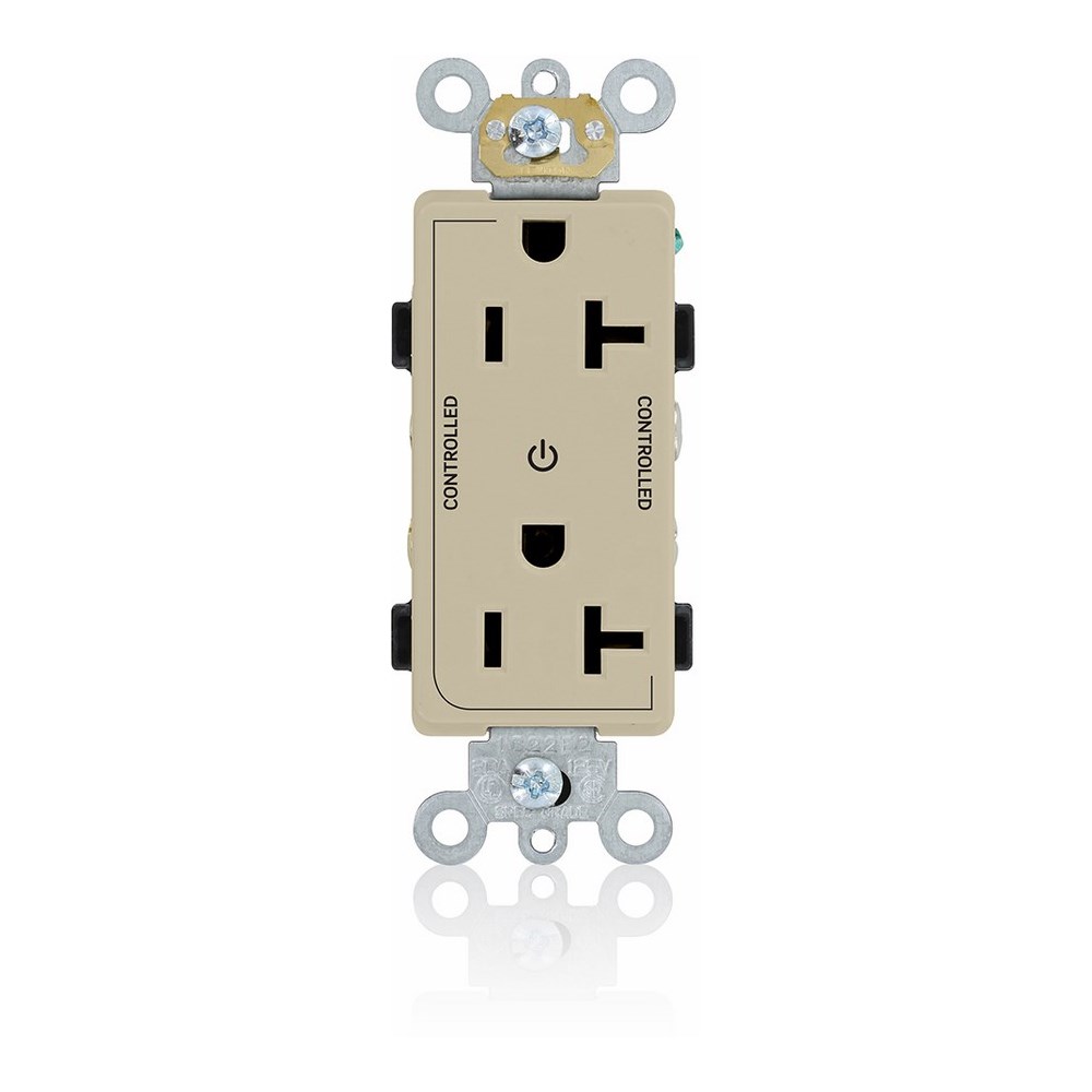 20 Amp. 125 Volt. NEMA 5-20R. 2P/3W. Decora Plus Duplex Receptacle. Straight Blade. Commercial Grade. 2 Plug Controlled Markings. Self Grounding. Back And Side Wired. Contractor Pack - Ivory