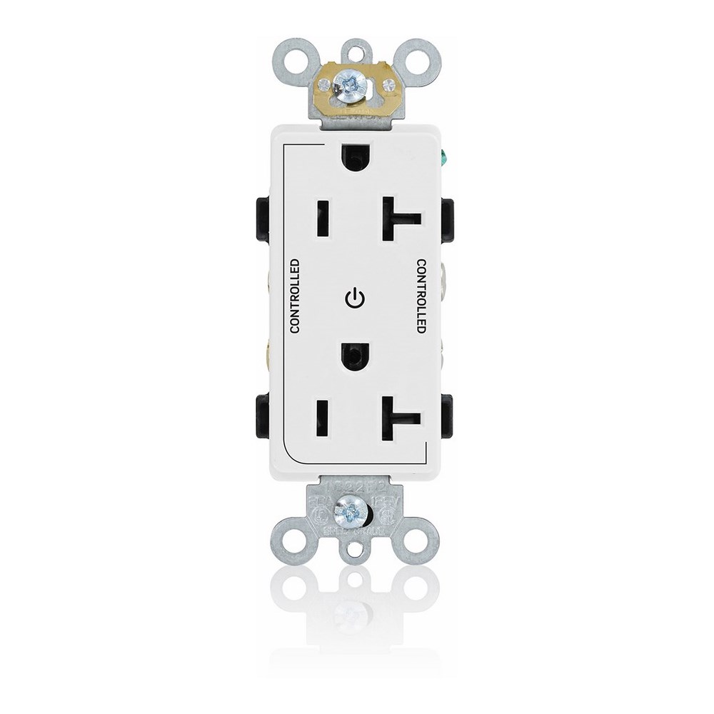 20 Amp. 125 Volt. NEMA 5-20R. 2P/3W. Decora Plus Duplex Receptacle. Straight Blade. Commercial Grade. 2 Plug Controlled Markings. Self Grounding. Back And Side Wired. Contractor Pack - White